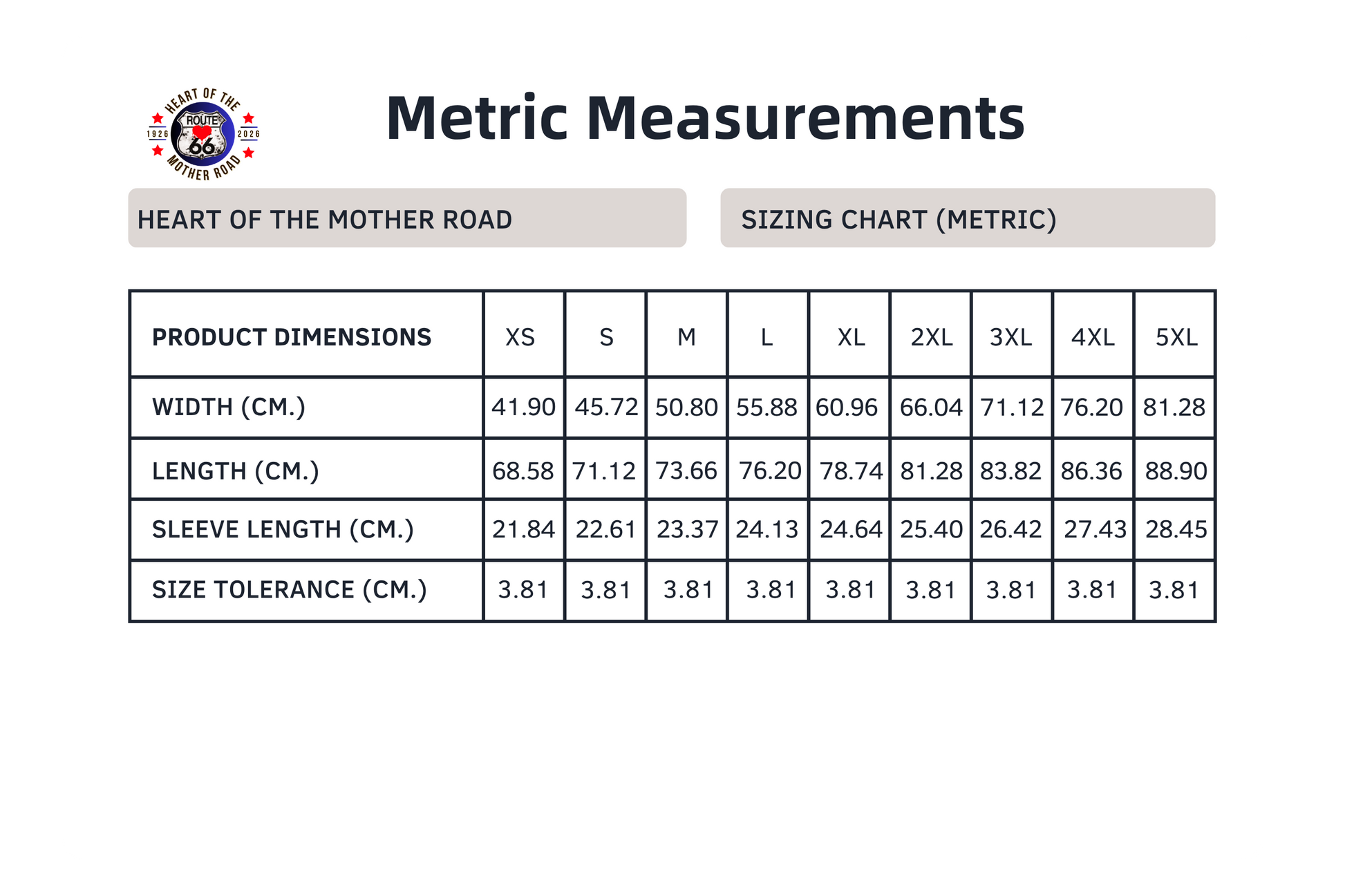 Metric sizing chart for the ultra-soft, collectible Route 66 unisex tee in the Route 66 Everytown Collection