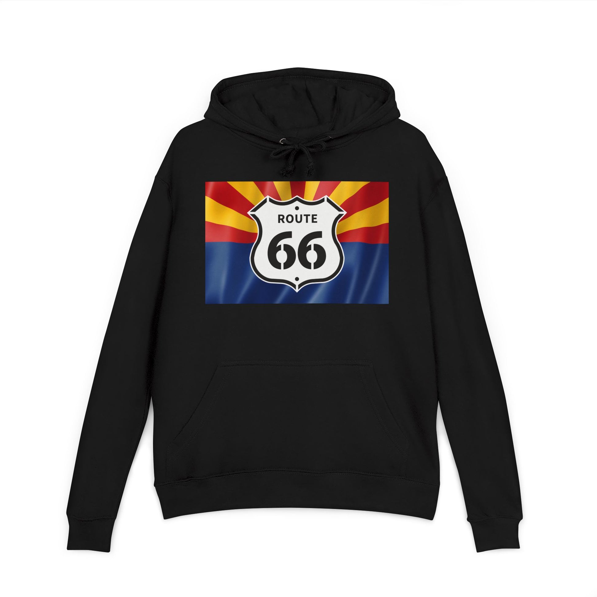 Black unisex French Terry hoodie featuring Route 66 Arizona Flag design.
