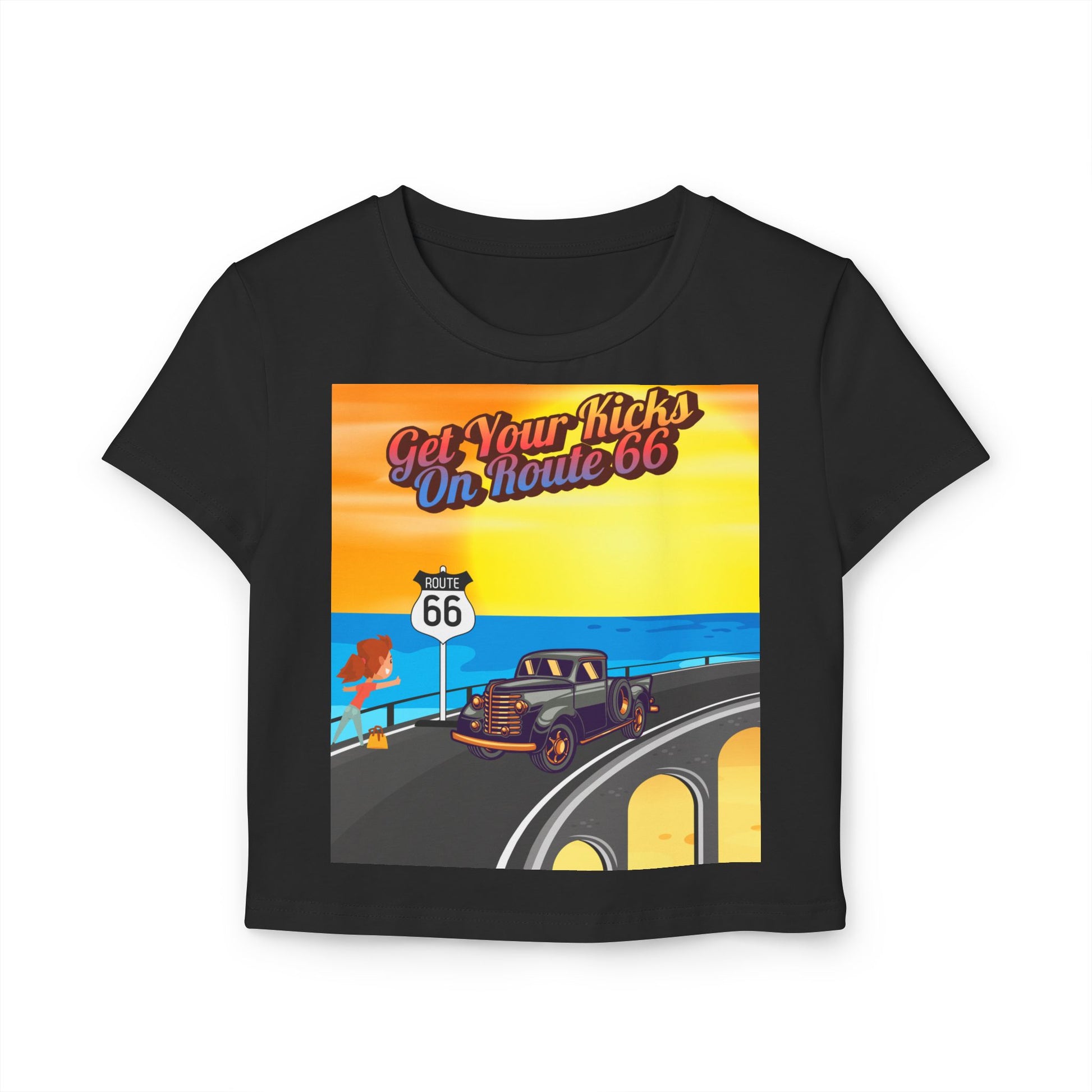Flat lay of black Retro Route 66 women’s baby tee featuring vintage highway design and “Get Your Kicks on Route 66” print.