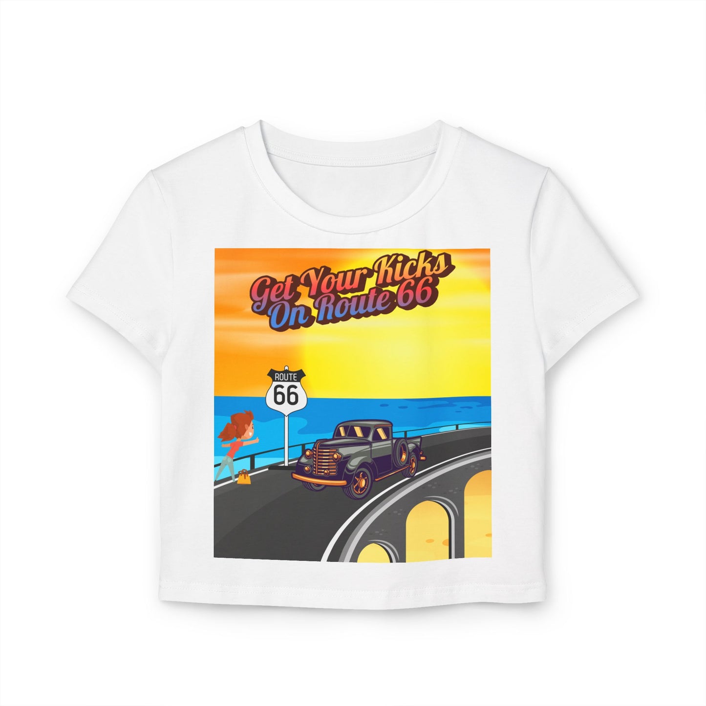 Flat lay of white Retro Route 66 women’s baby tee featuring vintage highway design and “Get Your Kicks on Route 66” print.