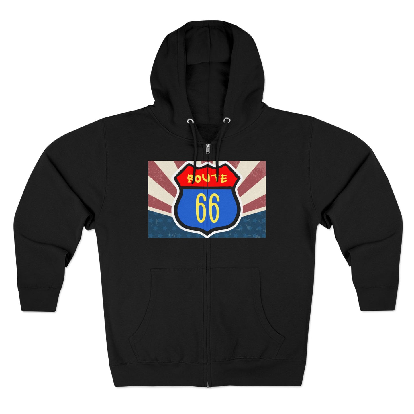 Flat lay of black Retro route 66 unisex zip hoodie with vintage Americana ravel graphic.