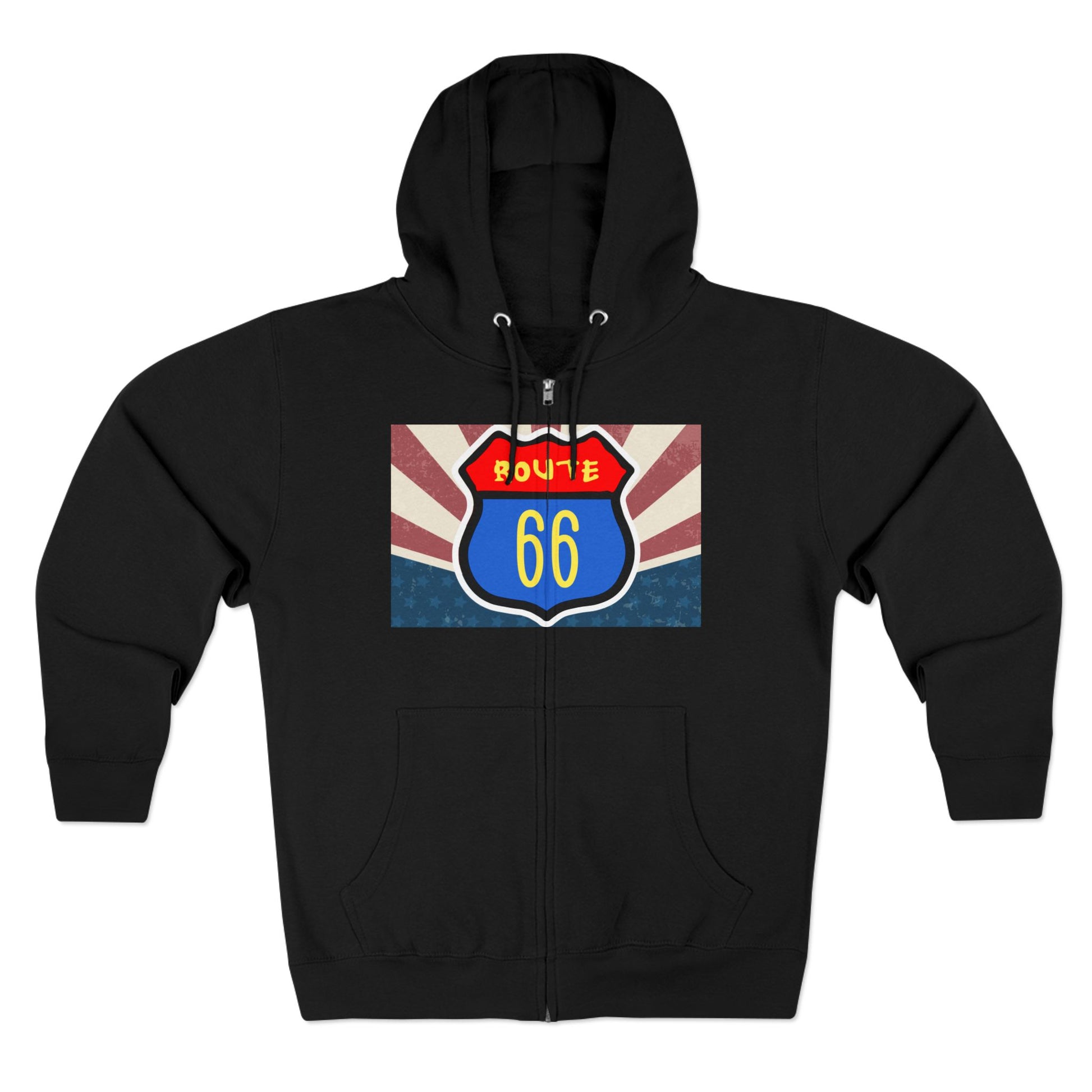 Flat lay of black Retro route 66 unisex zip hoodie with vintage Americana ravel graphic.