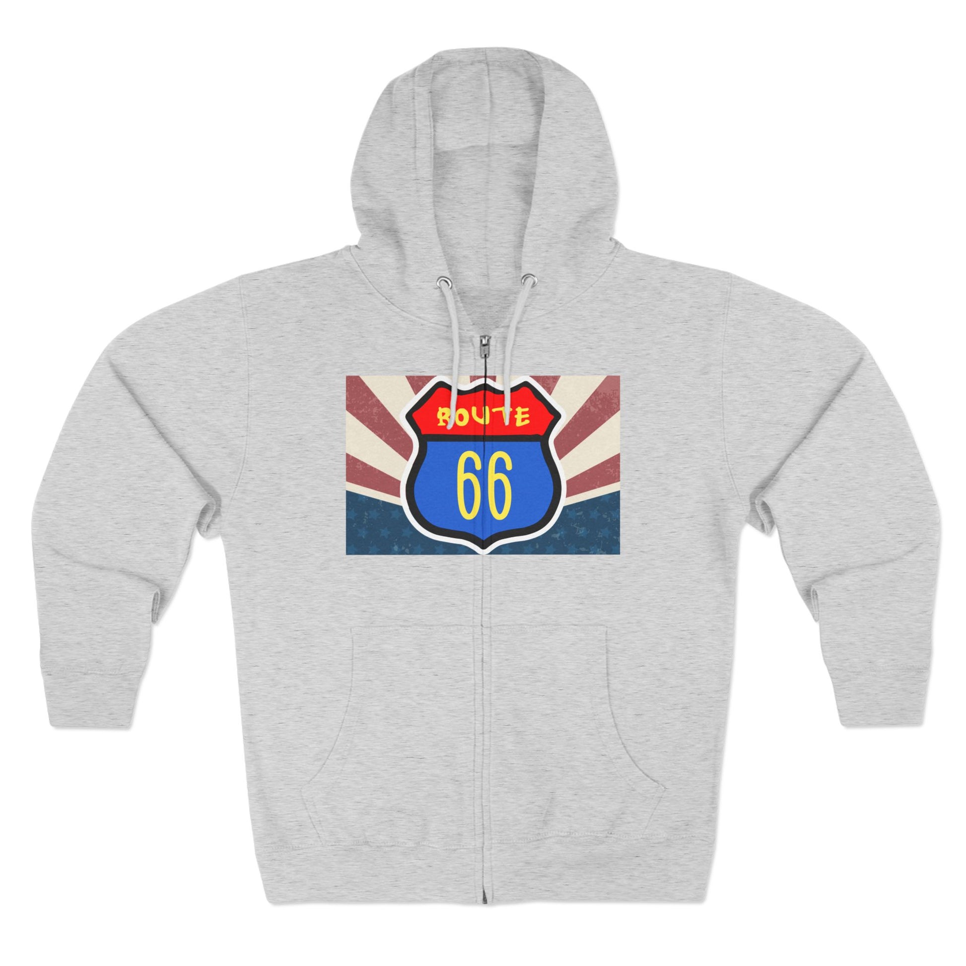 Flat lay of heather grey Retro route 66 unisex zip hoodie with vintage Americana ravel graphic.