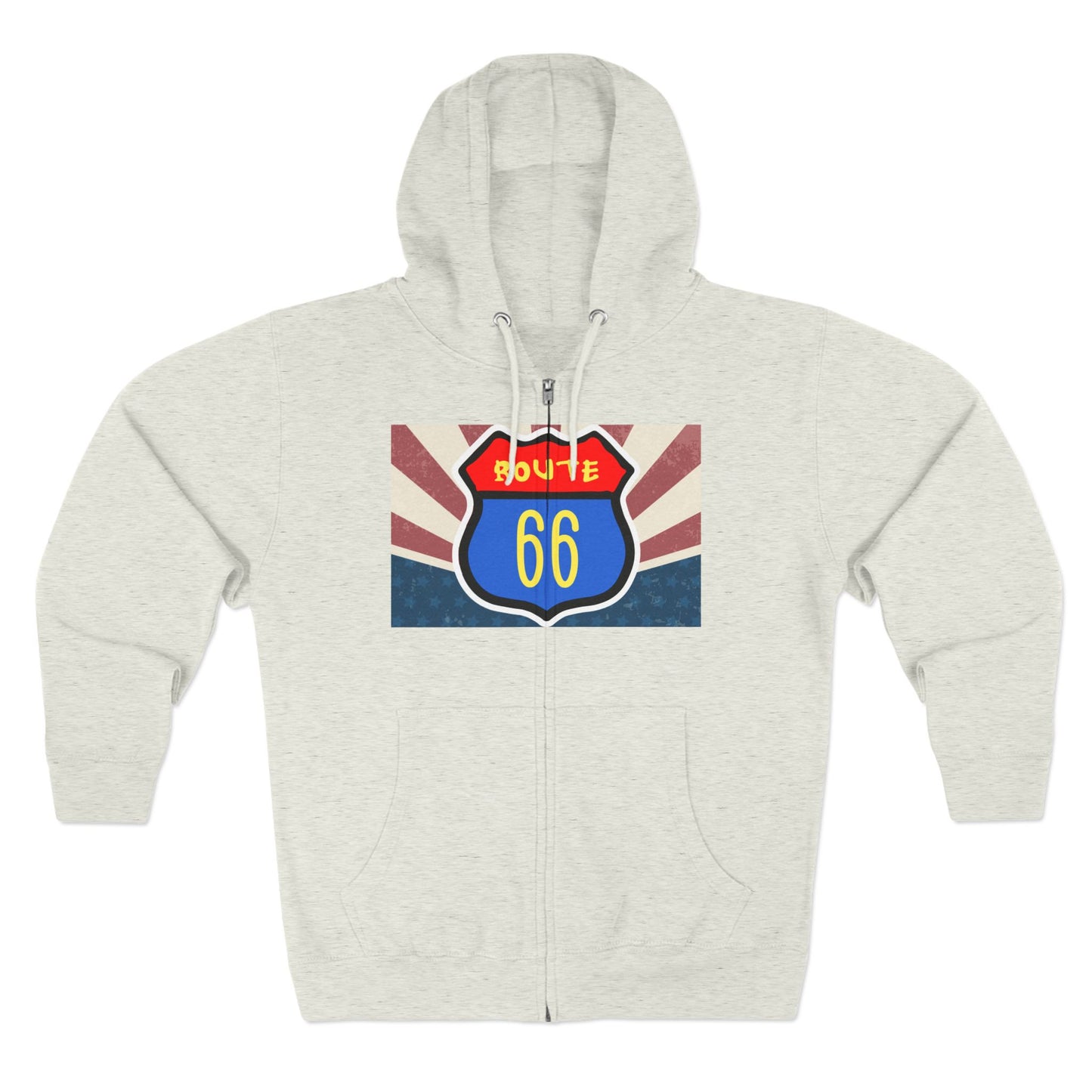 Flat lay of oatmeal heather Retro route 66 unisex zip hoodie with vintage Americana ravel graphic.