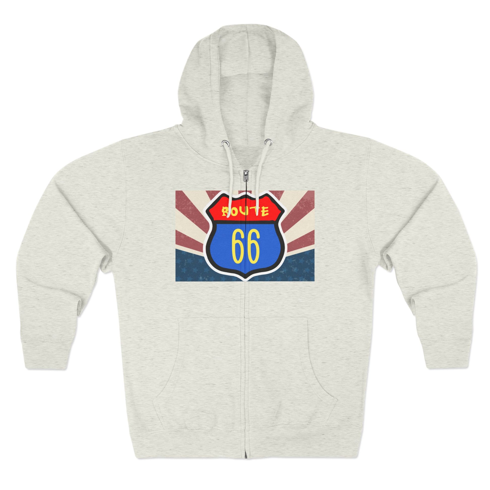 Flat lay of oatmeal heather Retro route 66 unisex zip hoodie with vintage Americana ravel graphic.