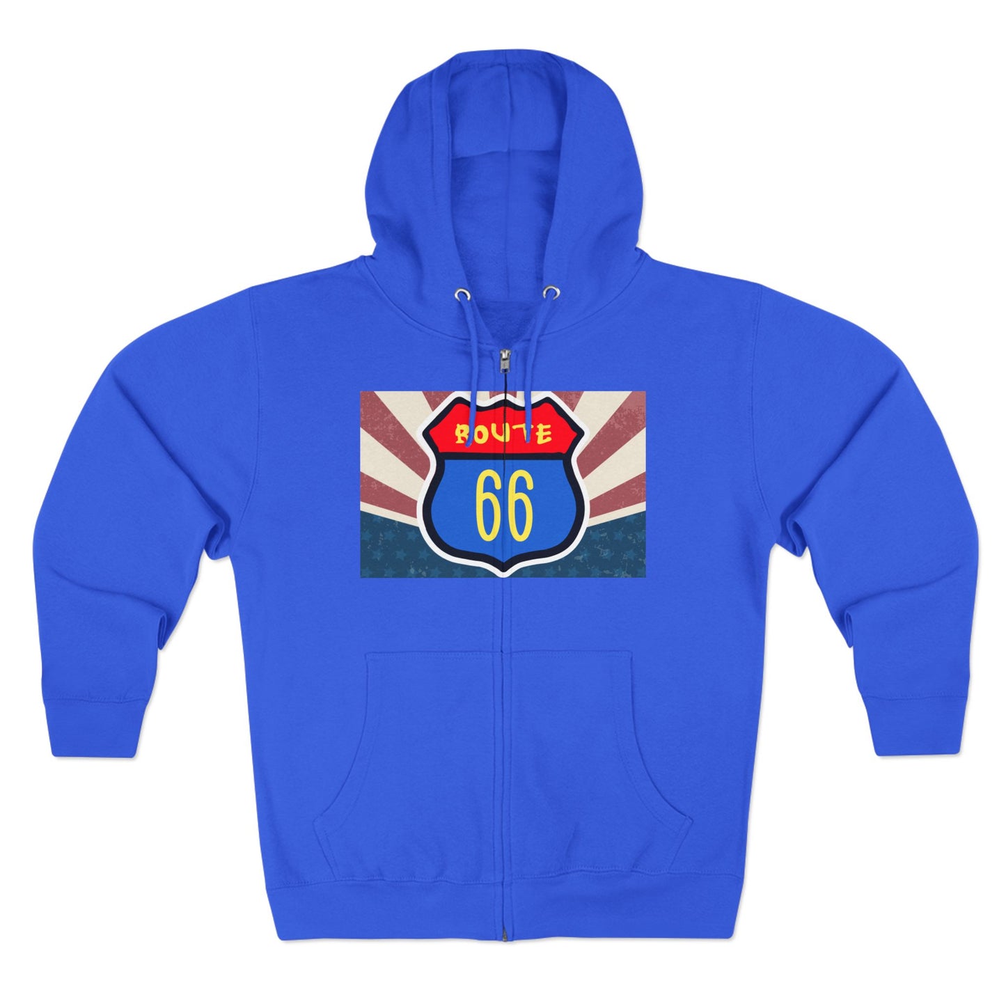 Flat lay of true royal Retro route 66 unisex zip hoodie with vintage Americana ravel graphic.