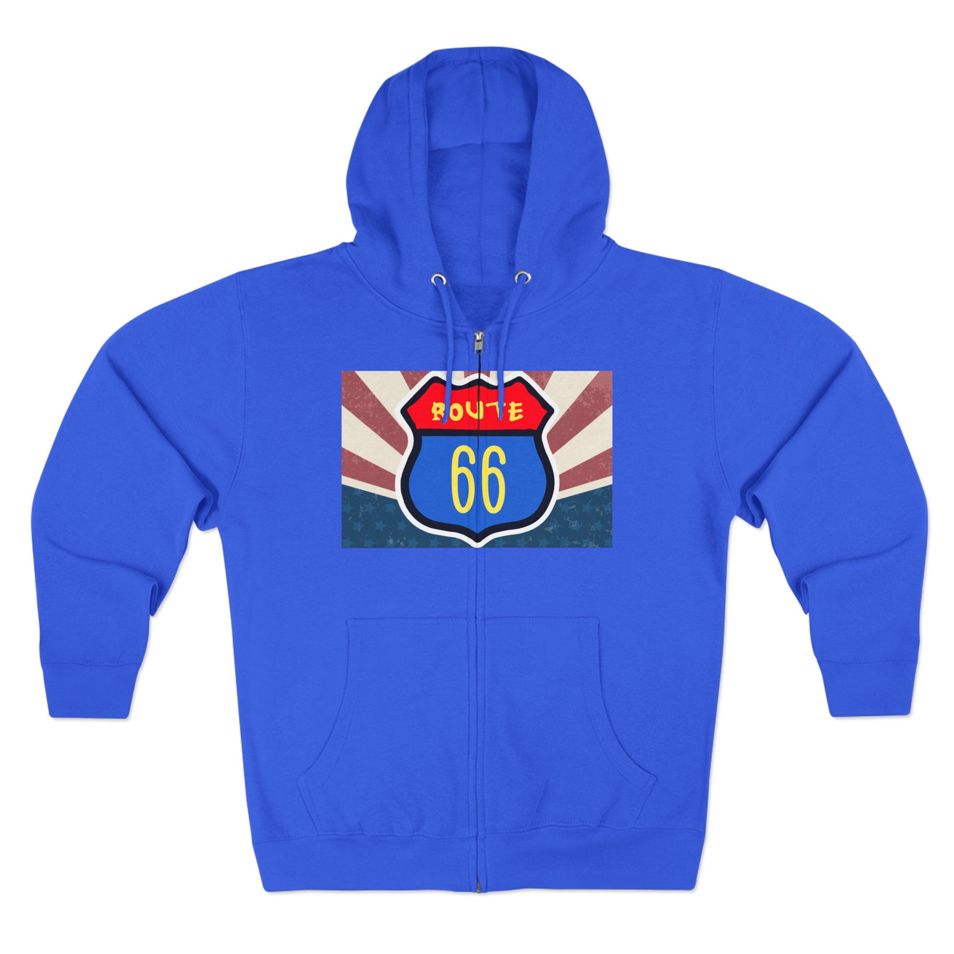Flat lay of true royal Retro route 66 unisex zip hoodie with vintage Americana ravel graphic.