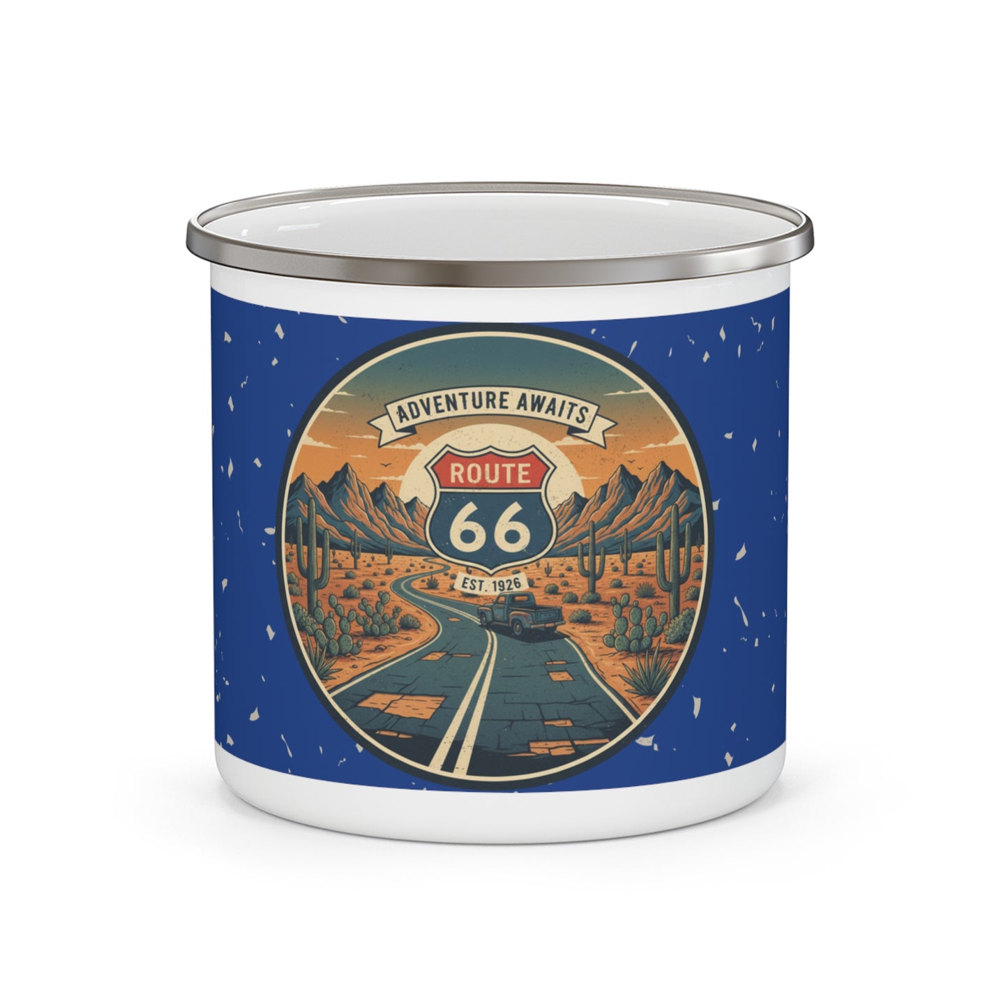 Route 66 12oz stainless steel enamel camping mug with retro desert highway design and banner reading "Adventure Awaits." 