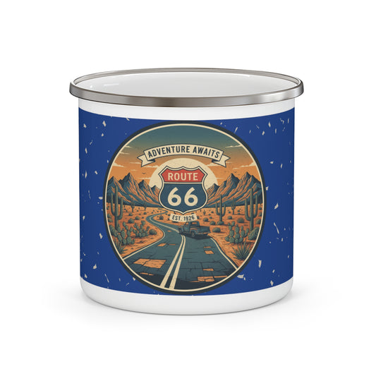 Route 66 12oz stainless steel enamel camping mug with retro desert highway design and banner reading "Adventure Awaits." 
