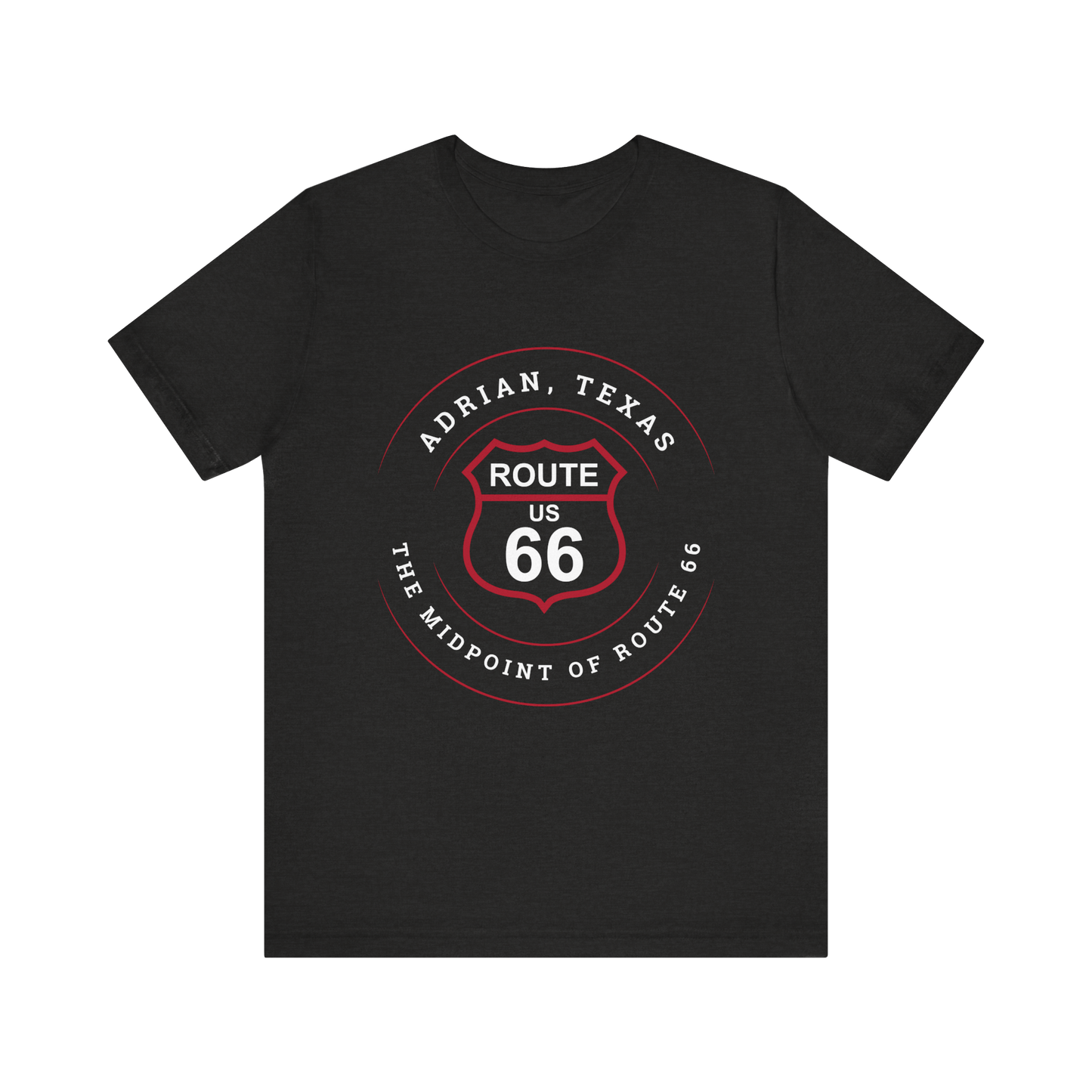 Black heather retro Route 66 unisex jersey tee with Adrian, TX: "The Midpoint of Route 66" design