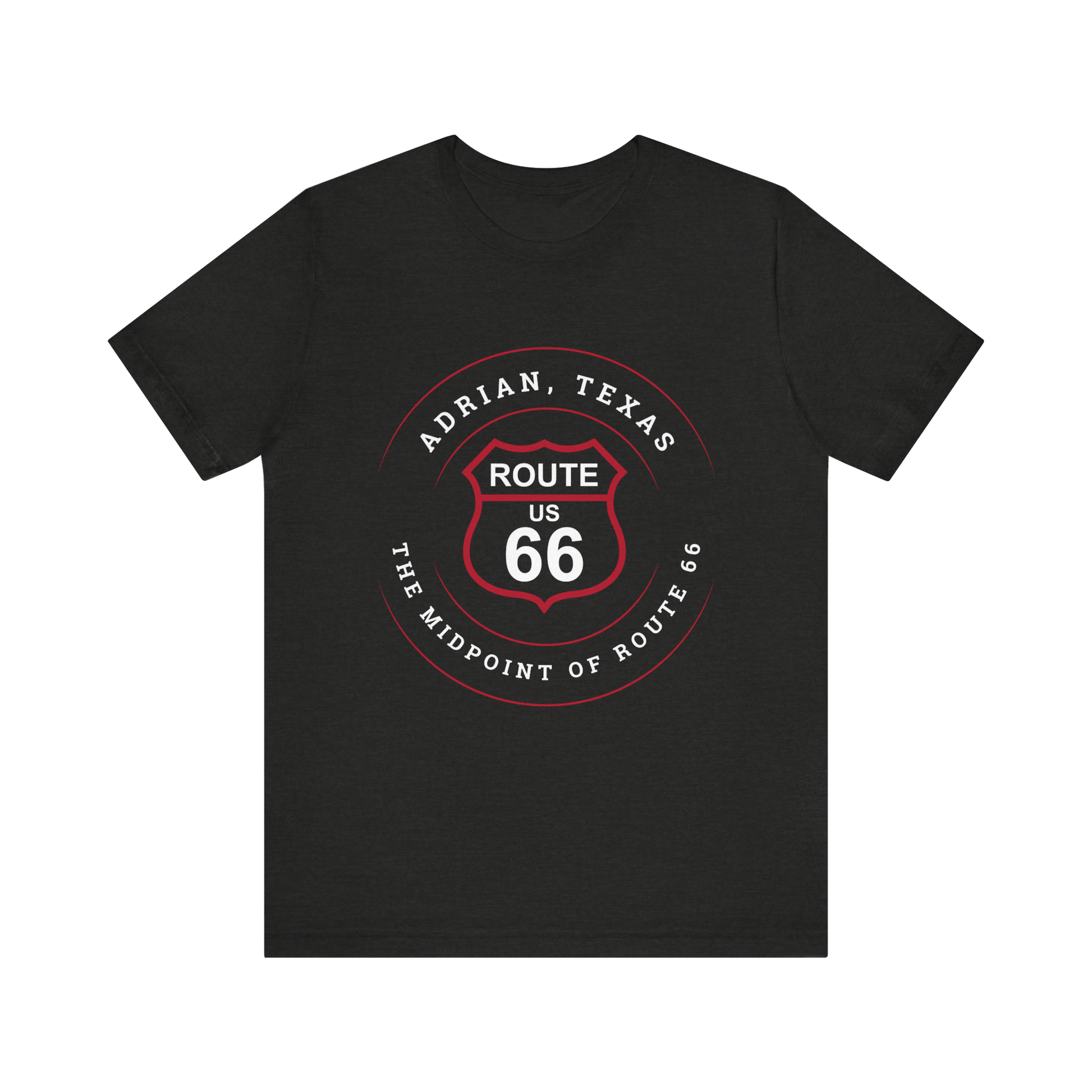 Black heather retro Route 66 unisex jersey tee with Adrian, TX: "The Midpoint of Route 66" design