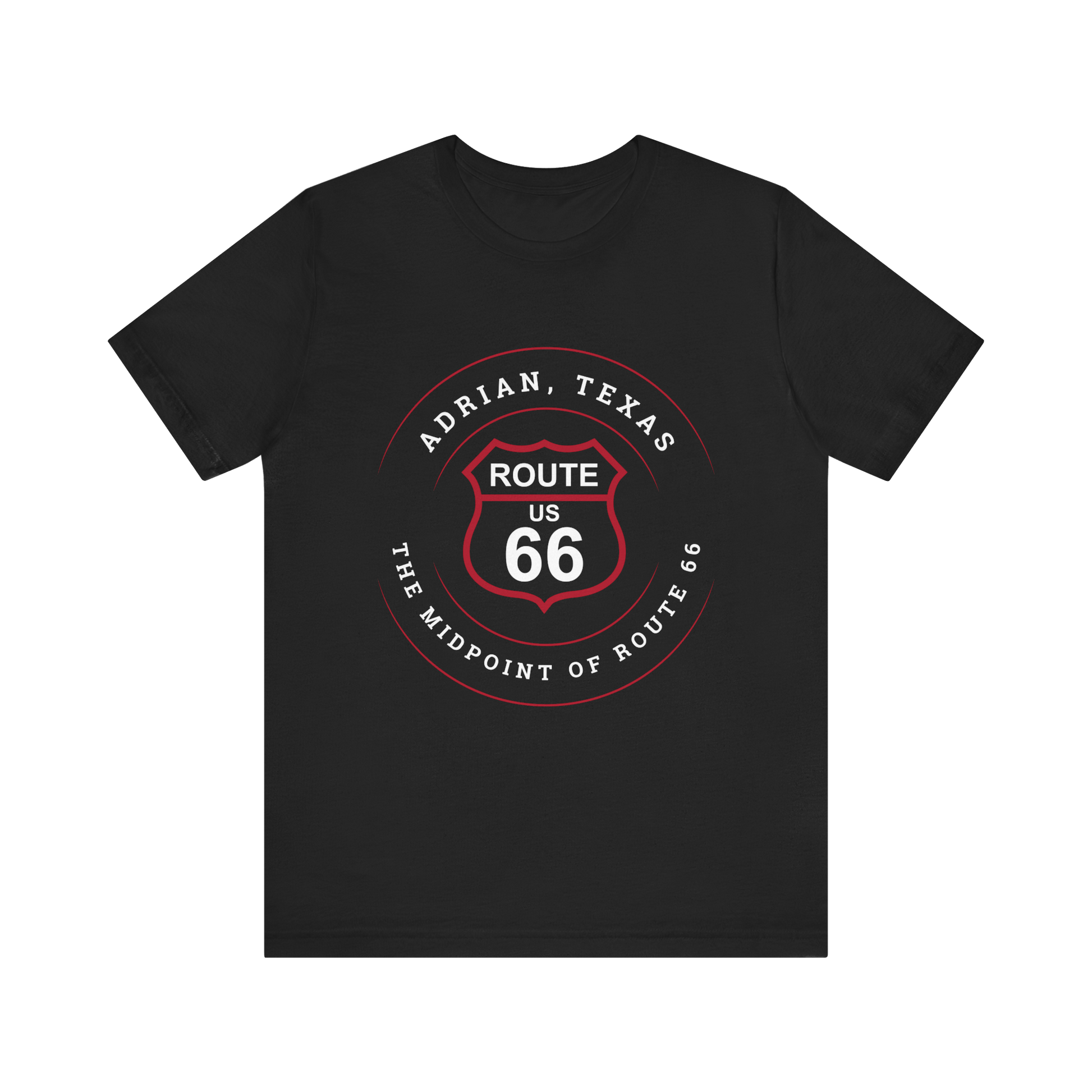 Black retro Route 66 unisex jersey tee with Adrian, TX: "The Midpoint of Route 66" design