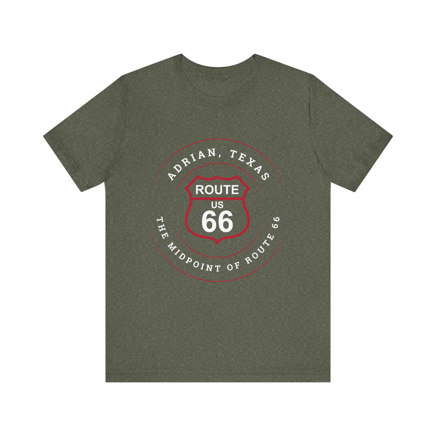 Heather military green retro Route 66 unisex jersey tee with Adrian, TX: "The Midpoint of Route 66" design