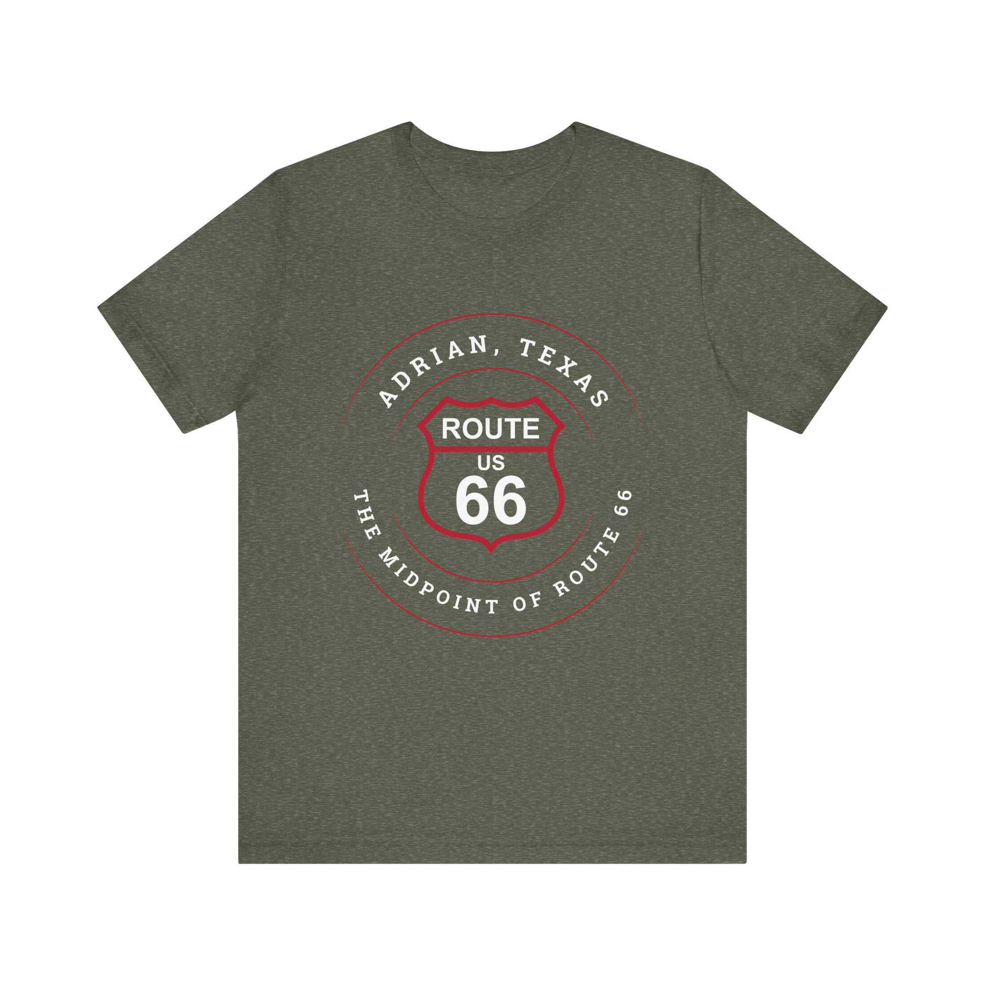 Heather military green retro Route 66 unisex jersey tee with Adrian, TX: "The Midpoint of Route 66" design