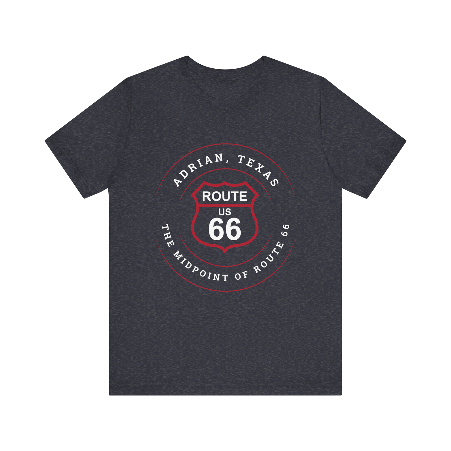 Heather navy retro Route 66 unisex jersey tee with Adrian, TX: "The Midpoint of Route 66" design