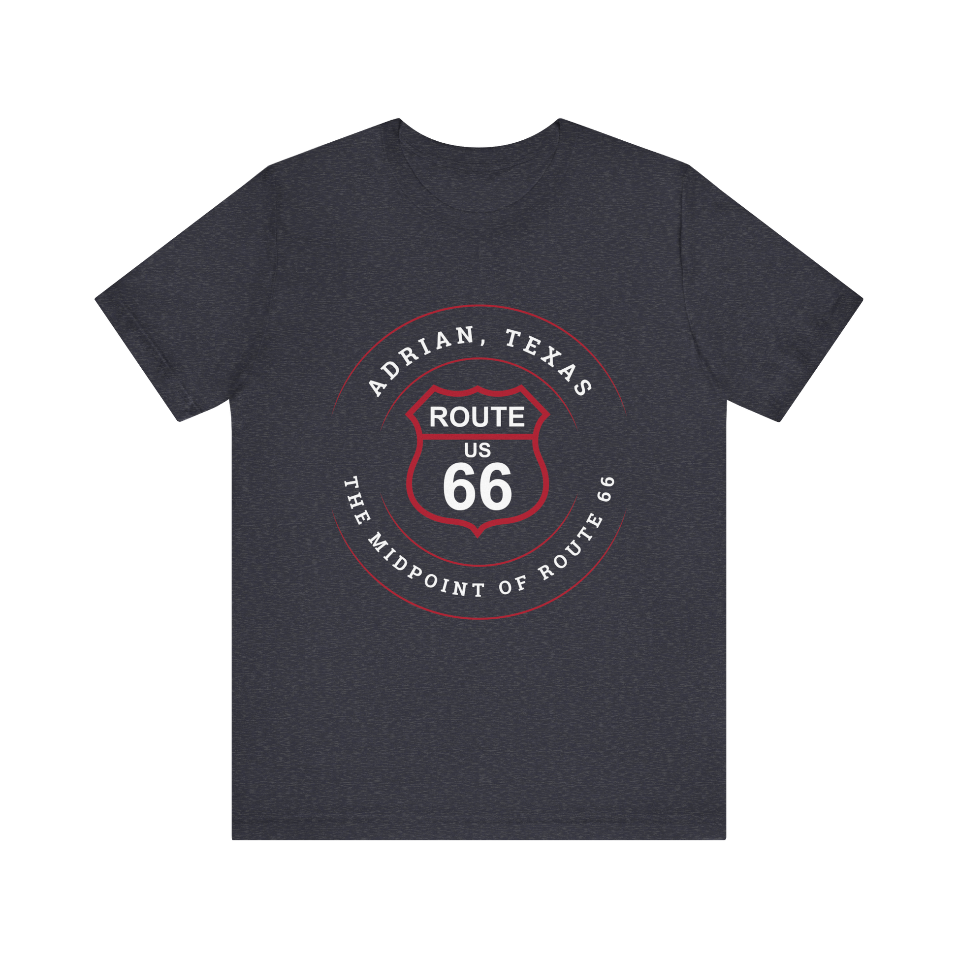 Heather navy retro Route 66 unisex jersey tee with Adrian, TX: "The Midpoint of Route 66" design