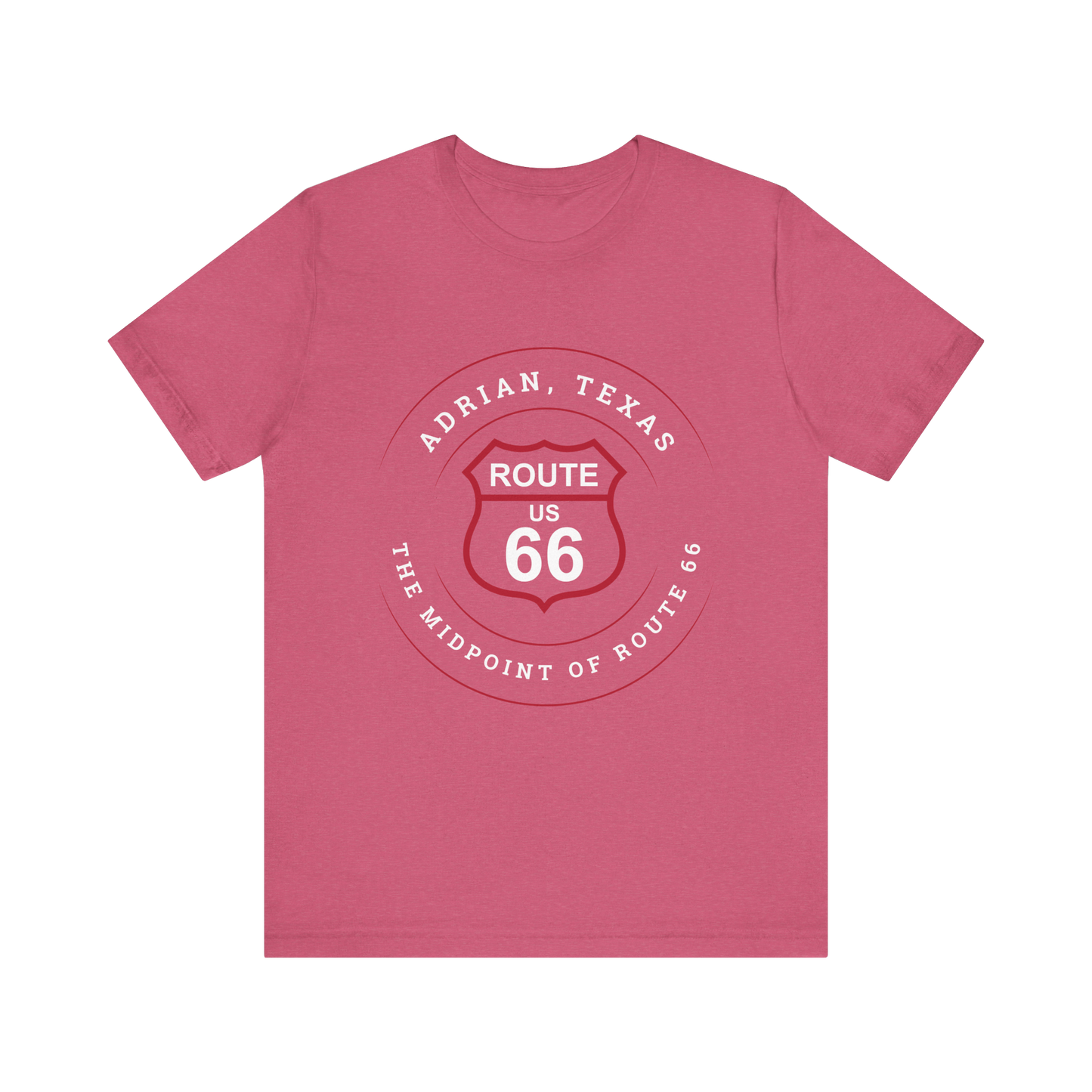 Heather raspberry retro Route 66 unisex jersey tee with Adrian, TX: "The Midpoint of Route 66" design