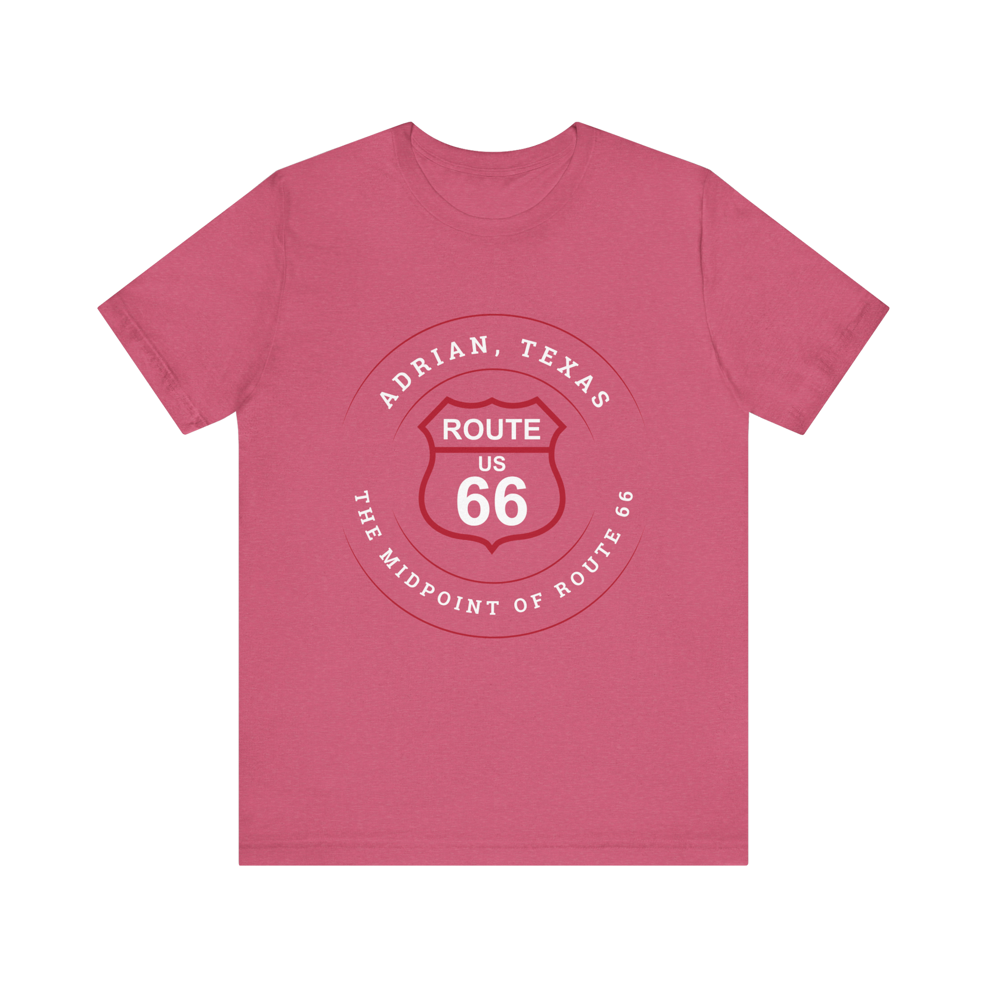Heather raspberry retro Route 66 unisex jersey tee with Adrian, TX: "The Midpoint of Route 66" design