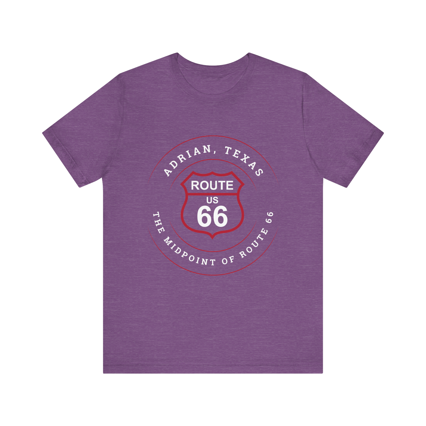 Heather team purple retro Route 66 unisex jersey tee with Adrian, TX: "The Midpoint of Route 66" design