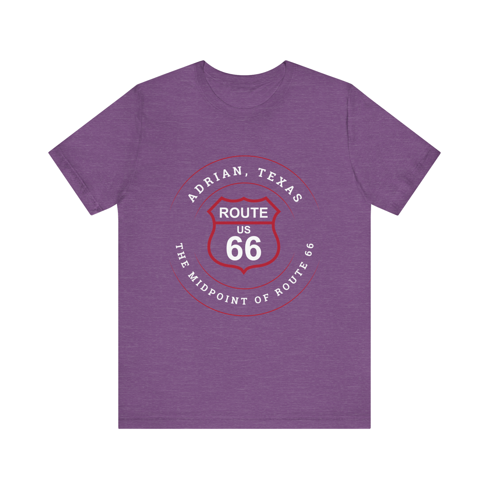 Heather team purple retro Route 66 unisex jersey tee with Adrian, TX: "The Midpoint of Route 66" design