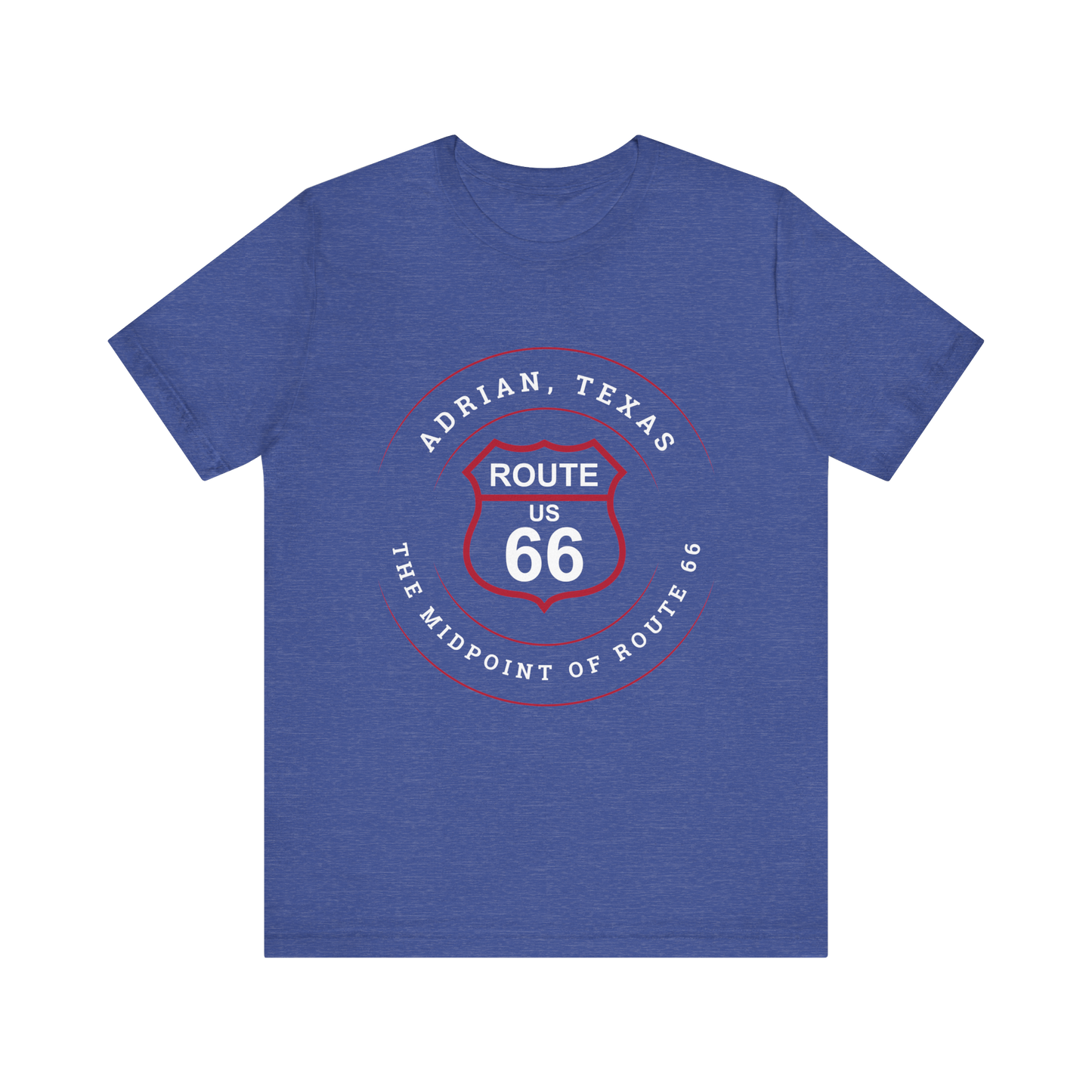 Heather true royal retro Route 66 unisex jersey tee with Adrian, TX: "The Midpoint of Route 66" design