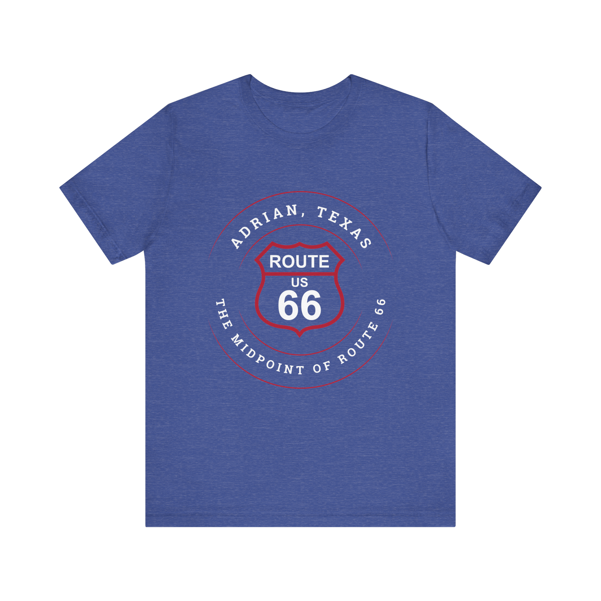 Heather true royal retro Route 66 unisex jersey tee with Adrian, TX: "The Midpoint of Route 66" design