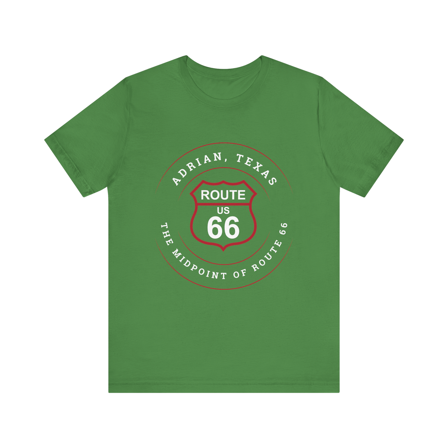 Leaf retro Route 66 unisex jersey tee with Adrian, TX: "The Midpoint of Route 66" design