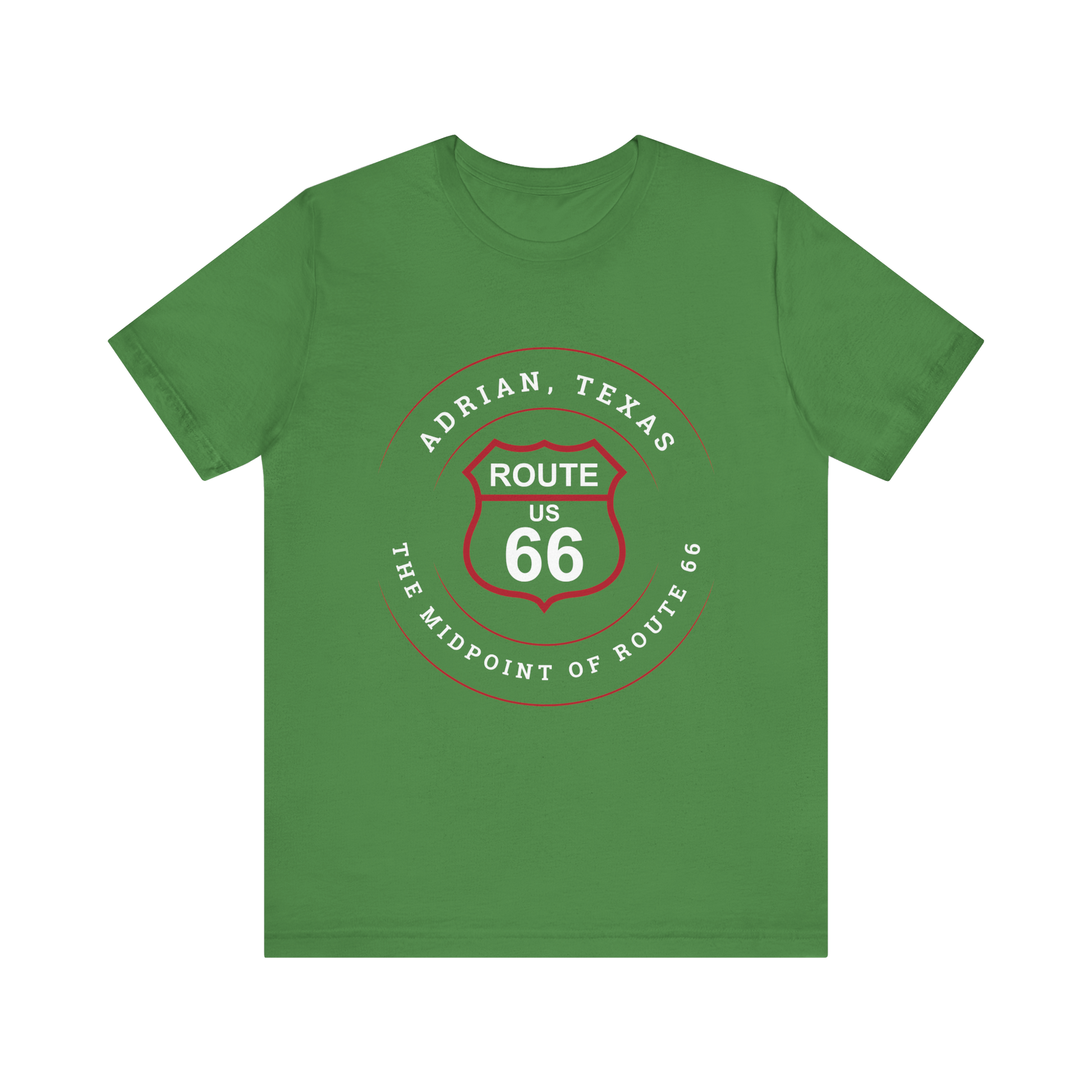 Leaf retro Route 66 unisex jersey tee with Adrian, TX: "The Midpoint of Route 66" design