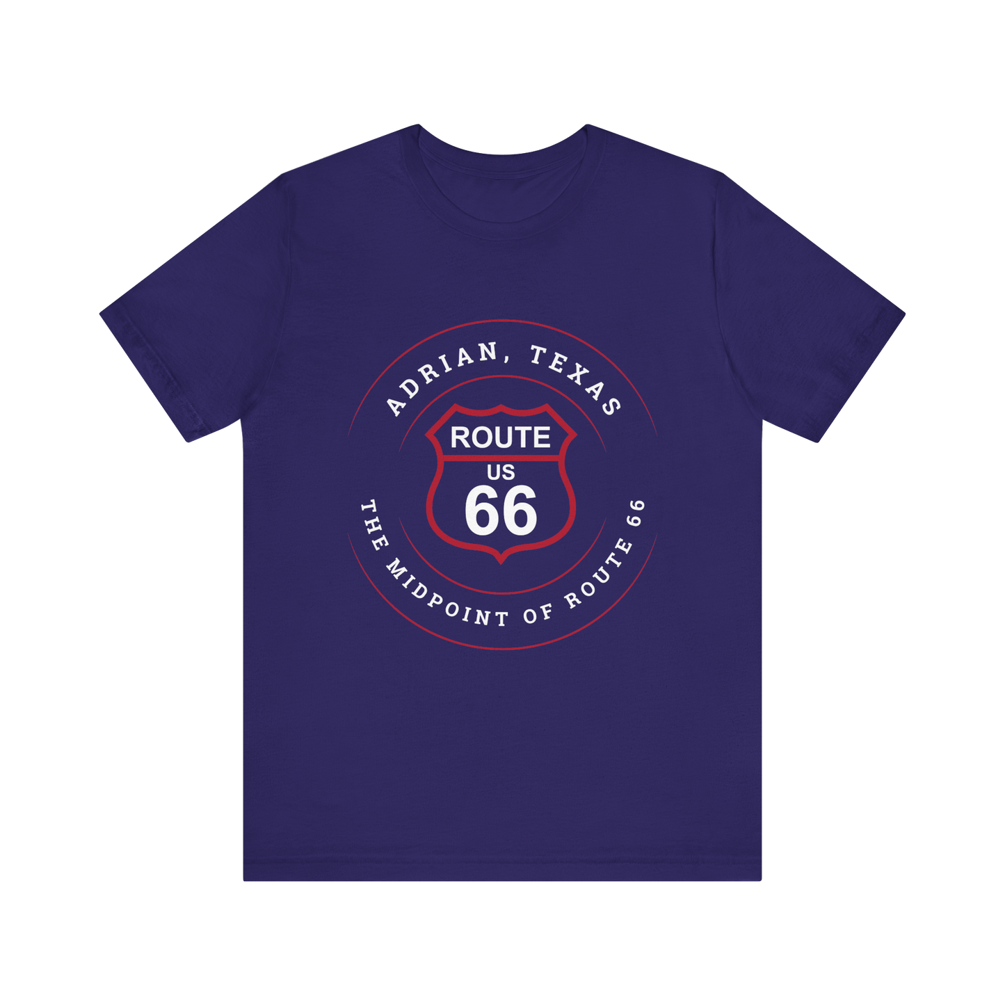 Team navy retro Route 66 unisex jersey tee with Adrian, TX: "The Midpoint of Route 66" design