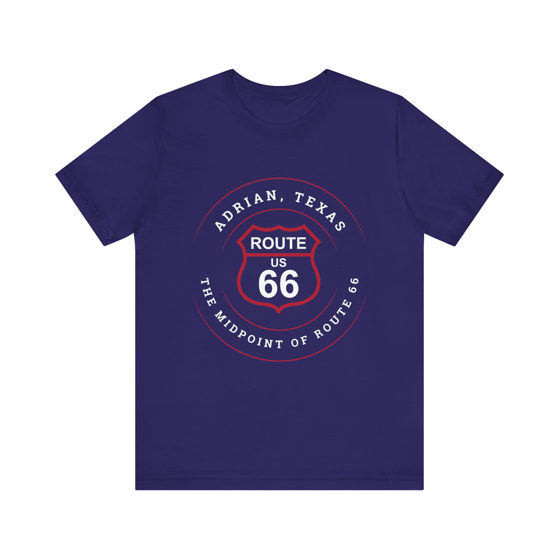 Team navy retro Route 66 unisex jersey tee with Adrian, TX: "The Midpoint of Route 66" design