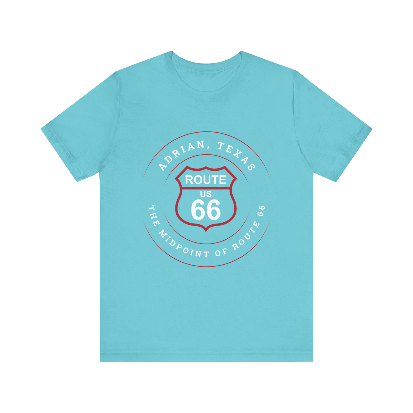 Turquoise retro Route 66 unisex jersey tee with Adrian, TX: "The Midpoint of Route 66" design