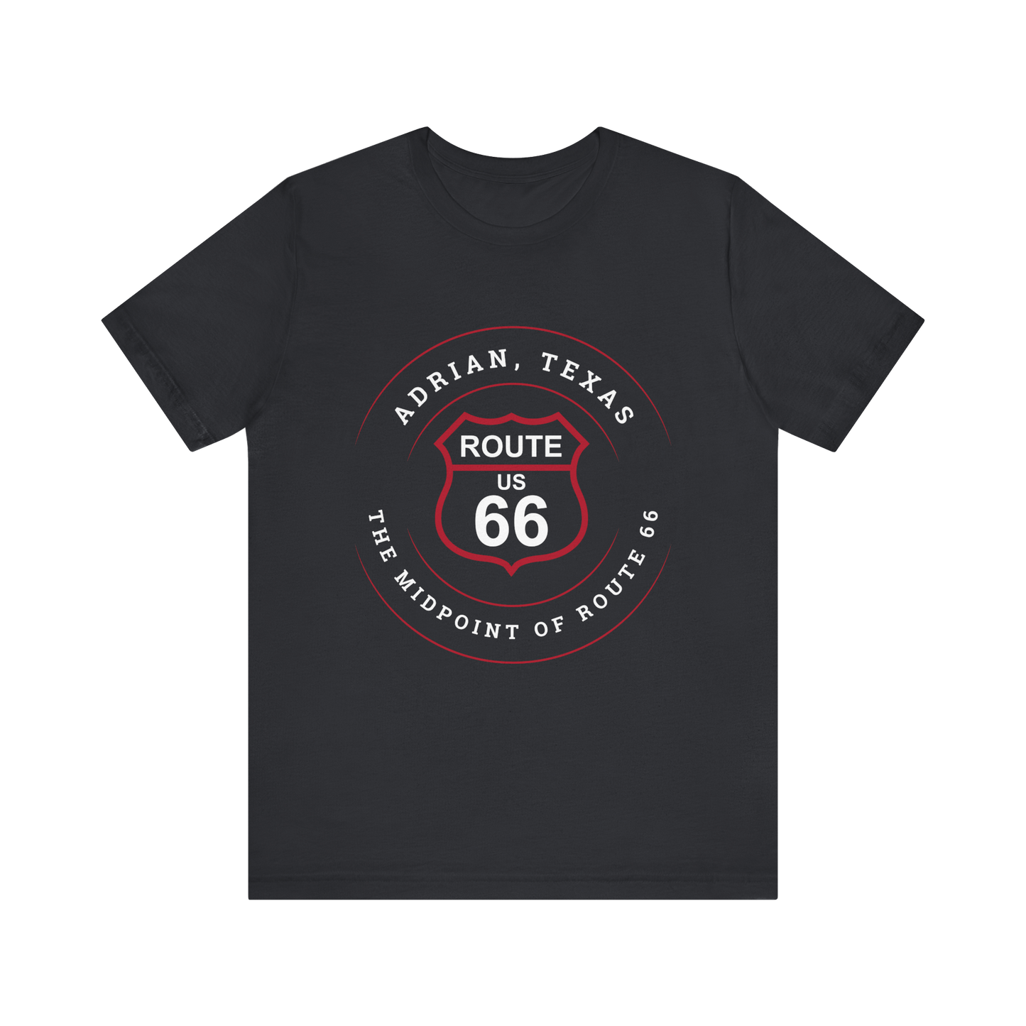 Vintage black retro Route 66 unisex jersey tee with Adrian, TX: "The Midpoint of Route 66" design