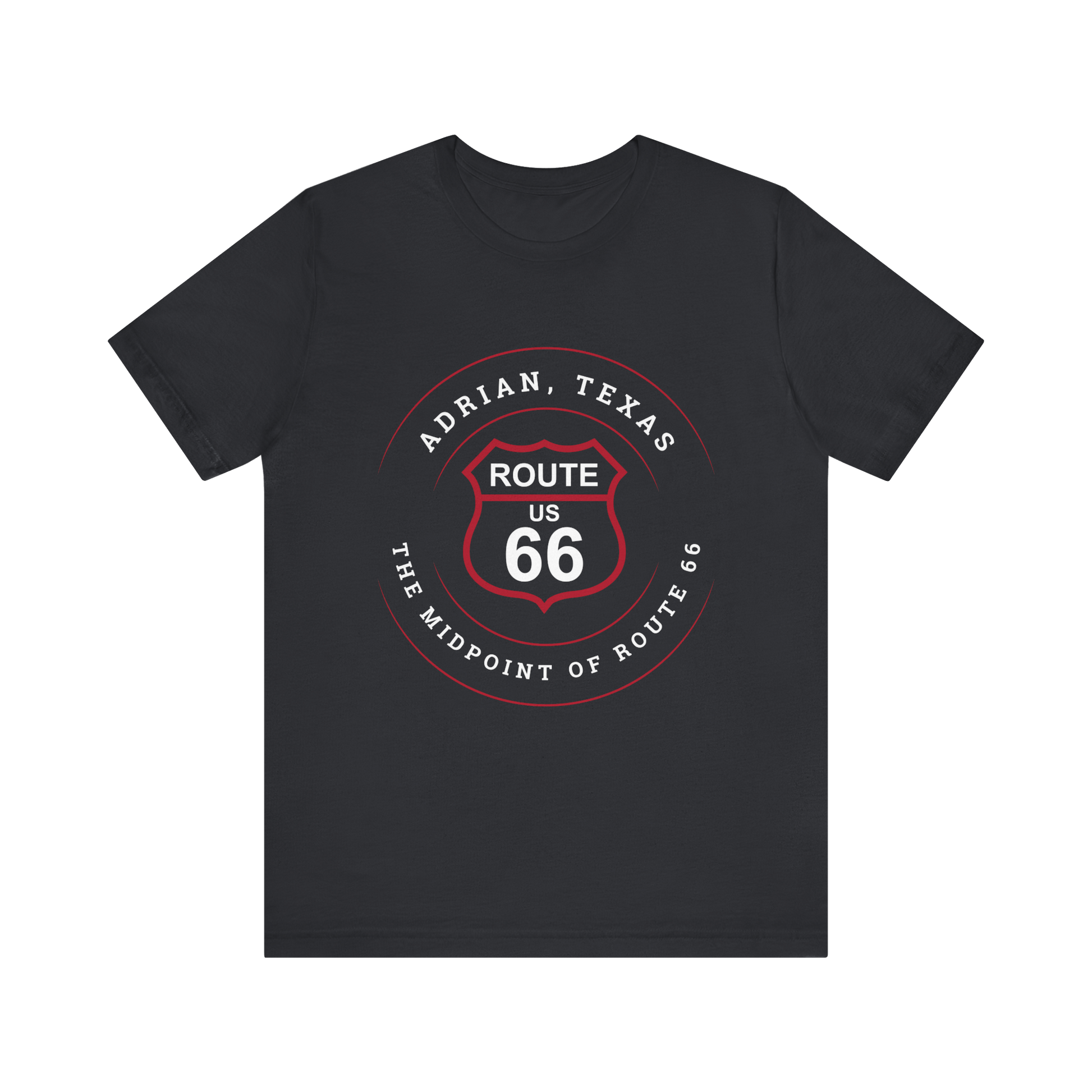 Vintage black retro Route 66 unisex jersey tee with Adrian, TX: "The Midpoint of Route 66" design