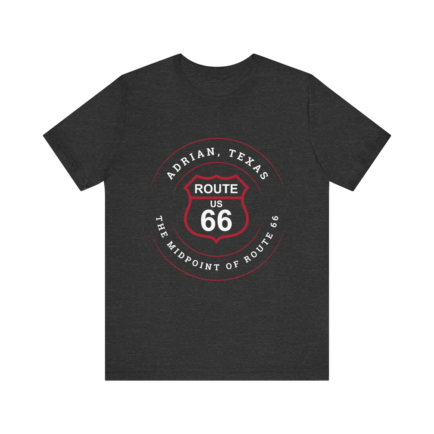 Dark grey heather retro Route 66 unisex jersey tee with Adrian, TX: "The Midpoint of Route 66" design