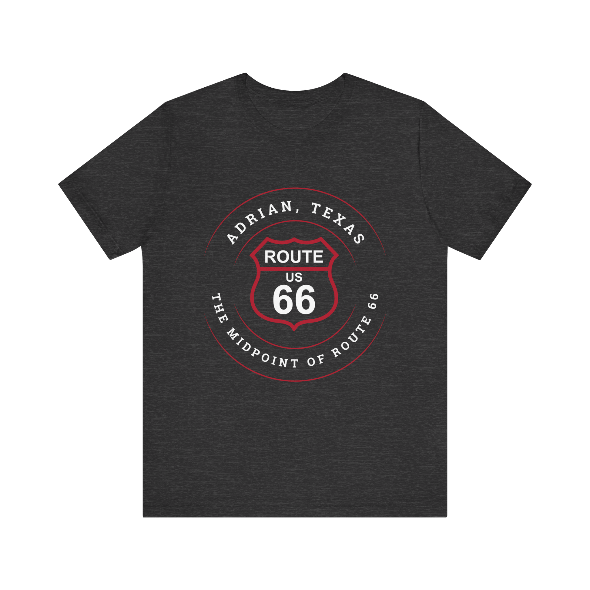 Dark grey heather retro Route 66 unisex jersey tee with Adrian, TX: "The Midpoint of Route 66" design