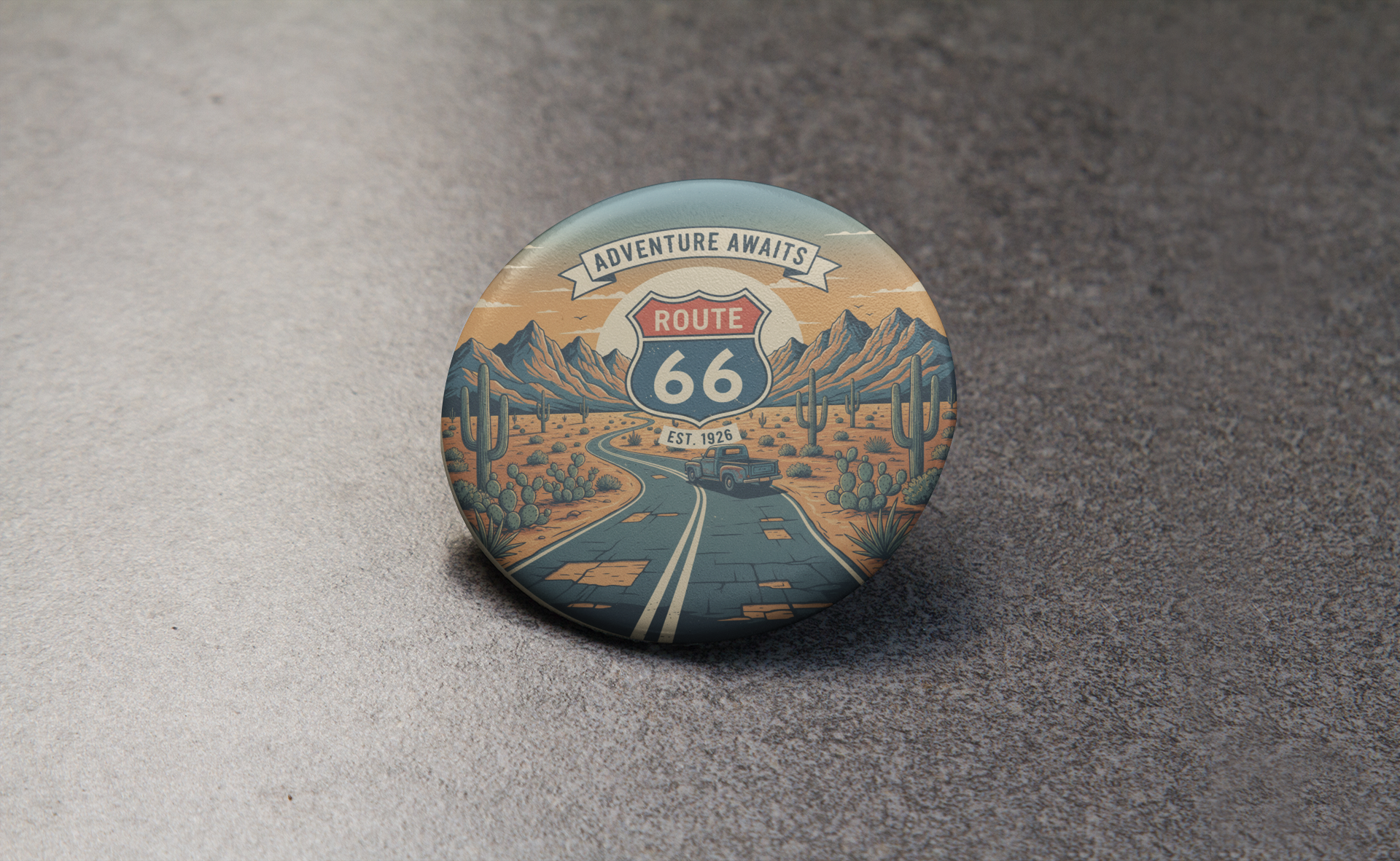 Close-up of Route 66 'Adventure Awaits' pin button featuring a retro desert Route 66 scene.