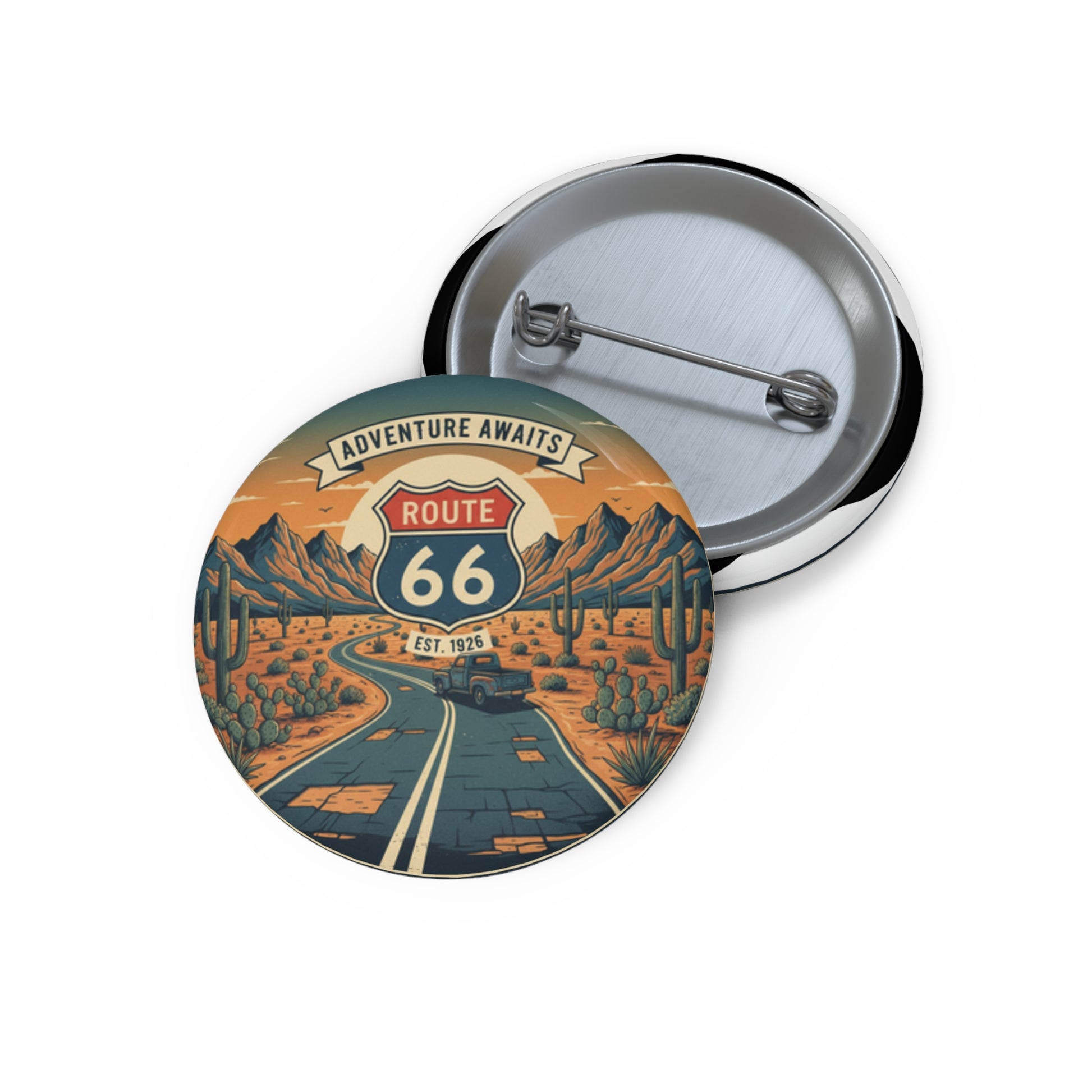 Front and back view of Route 66 'Adventure Awaits' collectible pin button with desert highway scene.