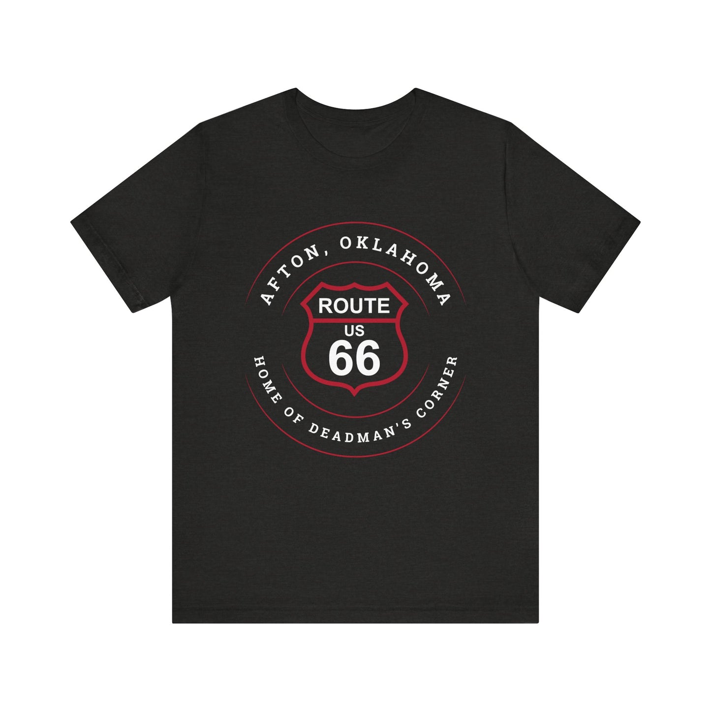 Black heather retro Route 66 unisex jersey tee with Afton, OK "Home of Deadman's Corner" design