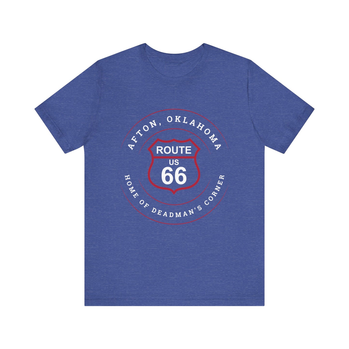Heather true royal retro Route 66 unisex jersey tee with Afton, OK "Home of Deadman's Corner" design