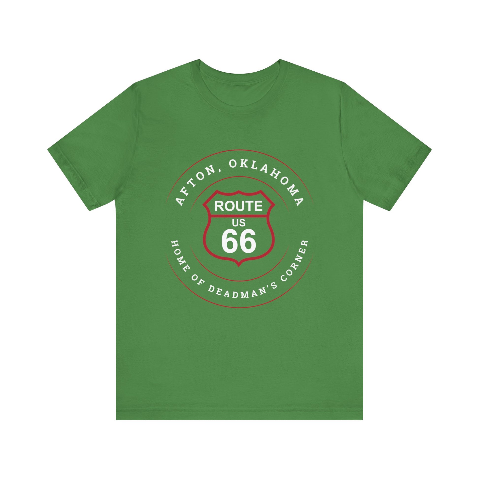 Leaf retro Route 66 unisex jersey tee with Afton, OK "Home of Deadman's Corner" design
