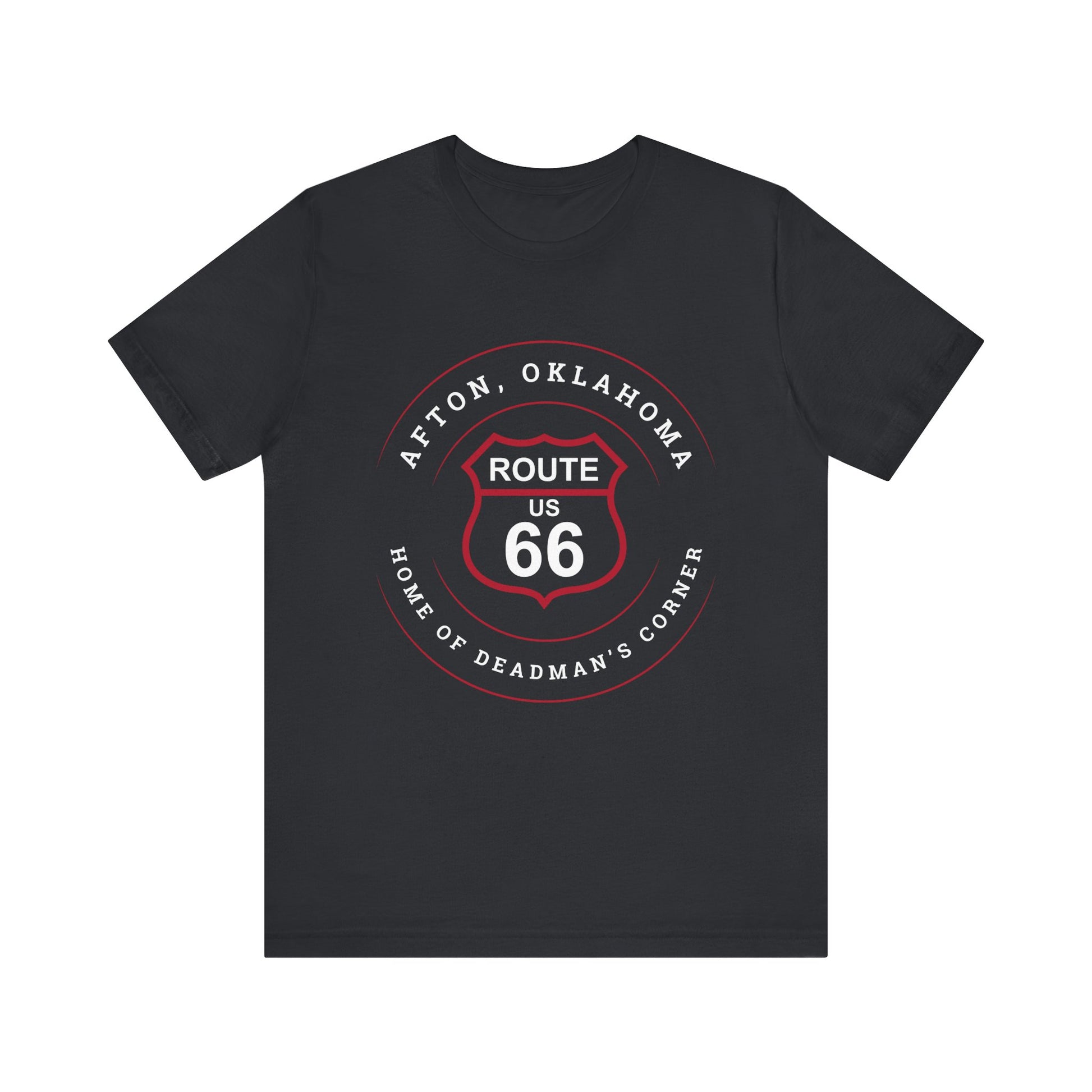 Vintage black retro Route 66 unisex jersey tee with Afton, OK "Home of Deadman's Corner" design