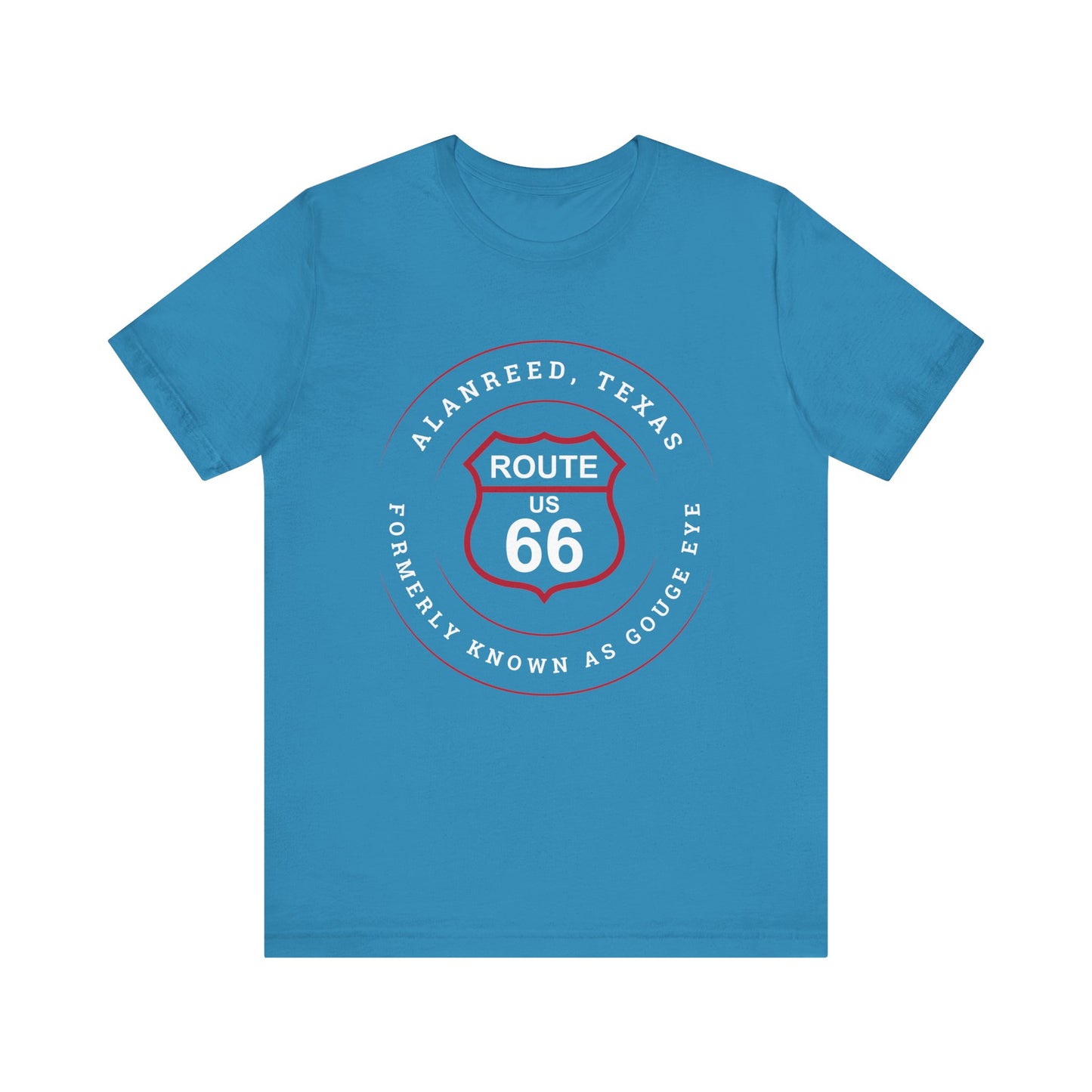 Aqua retro Route 66 unisex jersey tee with Alanreed, TX: "Formerly Known as Gouge Eye" design