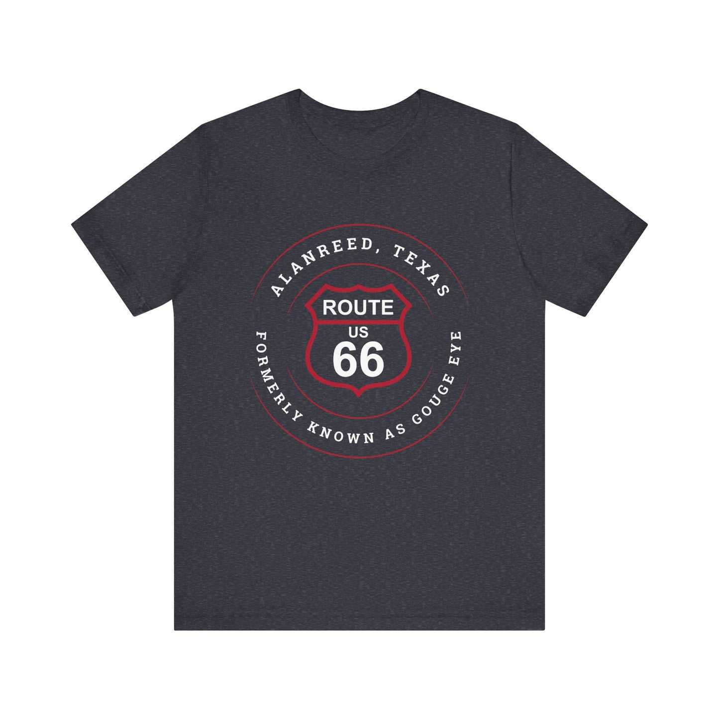 Heather navy retro Route 66 unisex jersey tee with Alanreed, TX: "Formerly Known as Gouge Eye" design