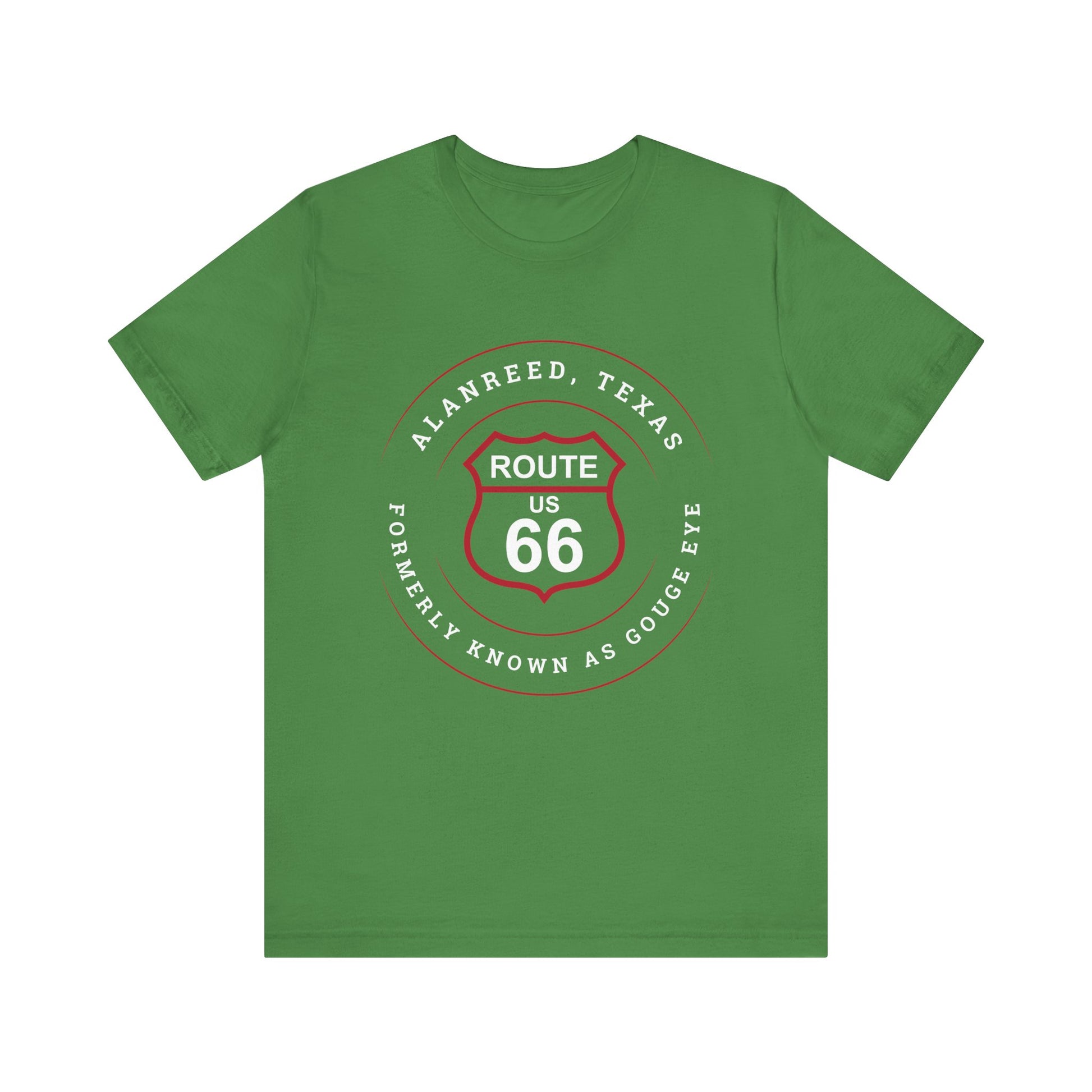 Leaf retro Route 66 unisex jersey tee with Alanreed, TX: "Formerly Known as Gouge Eye" design