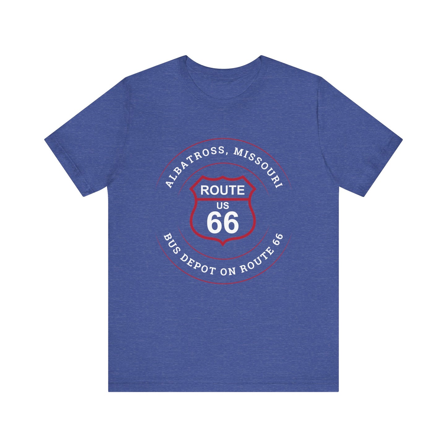 Heather true royal retro Route 66 unisex jersey tee with Albatross, MO "Bus Depot on Route 66" design