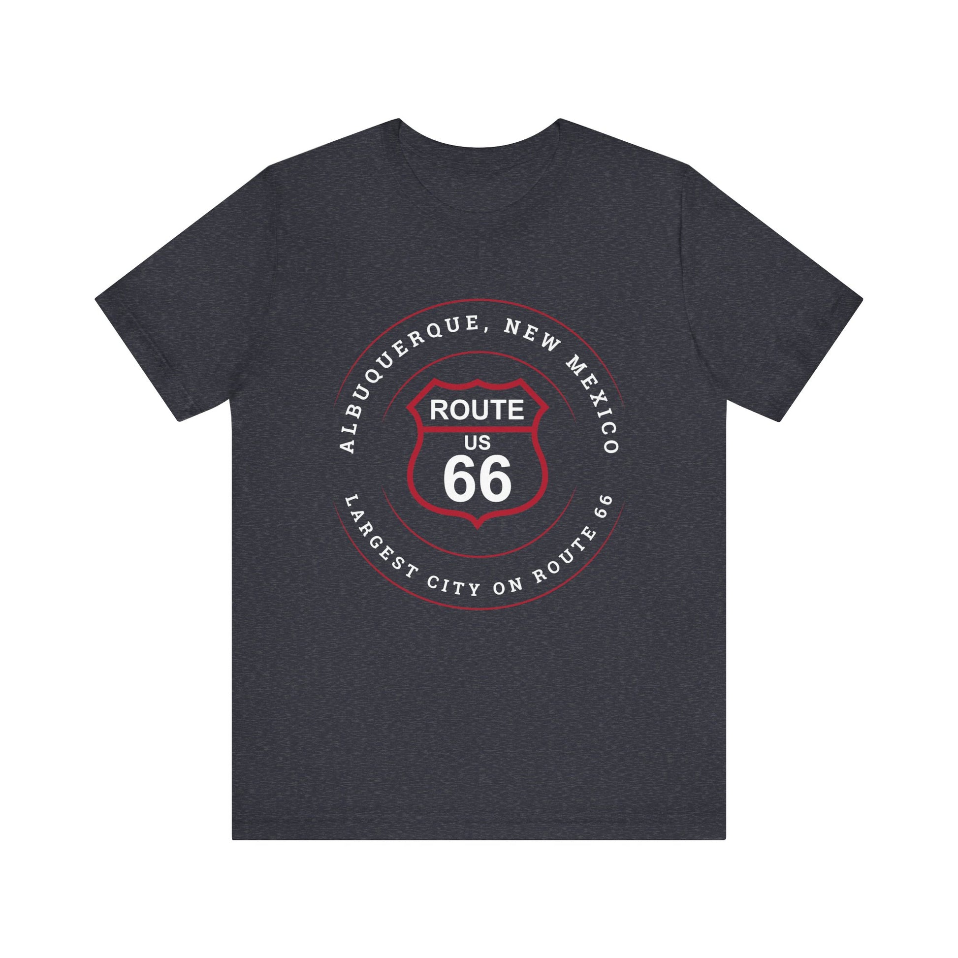 Heather navy retro Route 66 unisex jersey tee with Albuquerque, NM: Largest City on Route 66 graphic