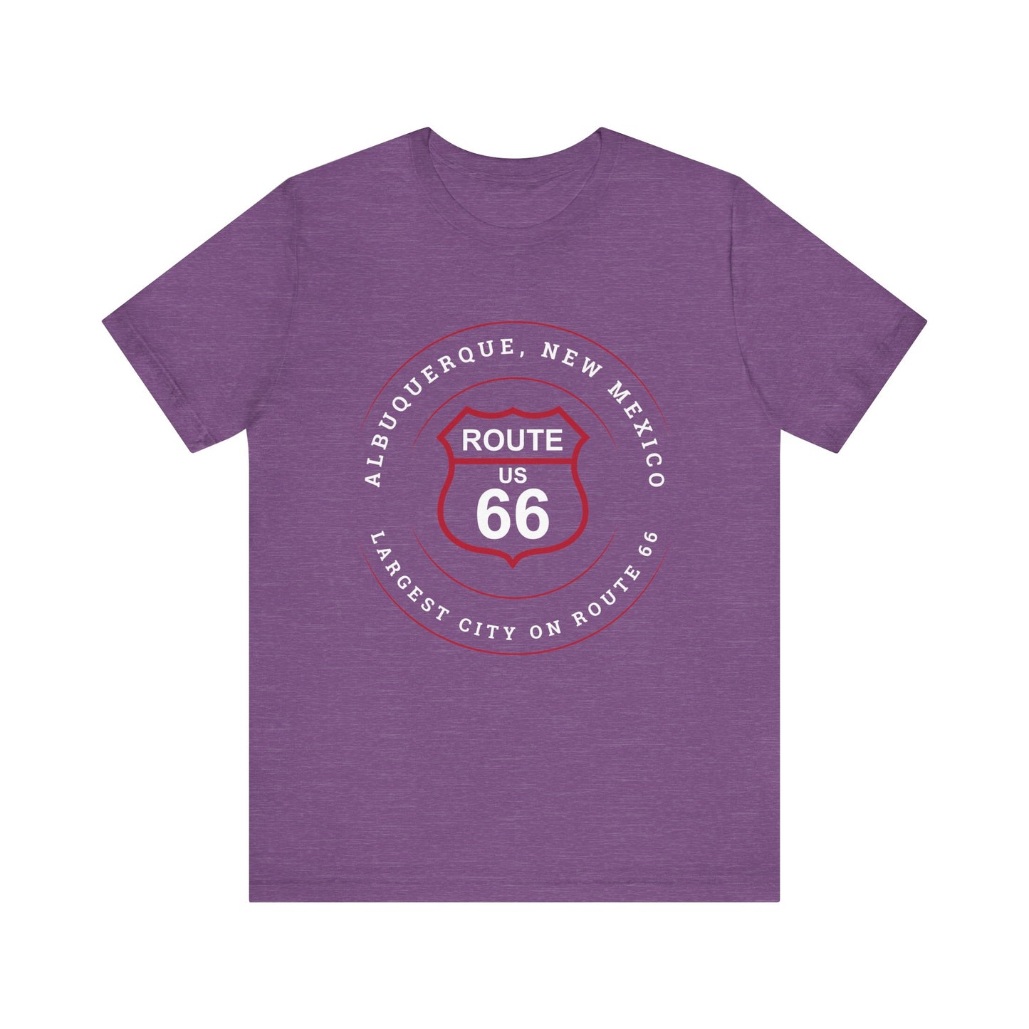 Heather team purple retro Route 66 unisex jersey tee with Albuquerque, NM: Largest City on Route 66 graphic