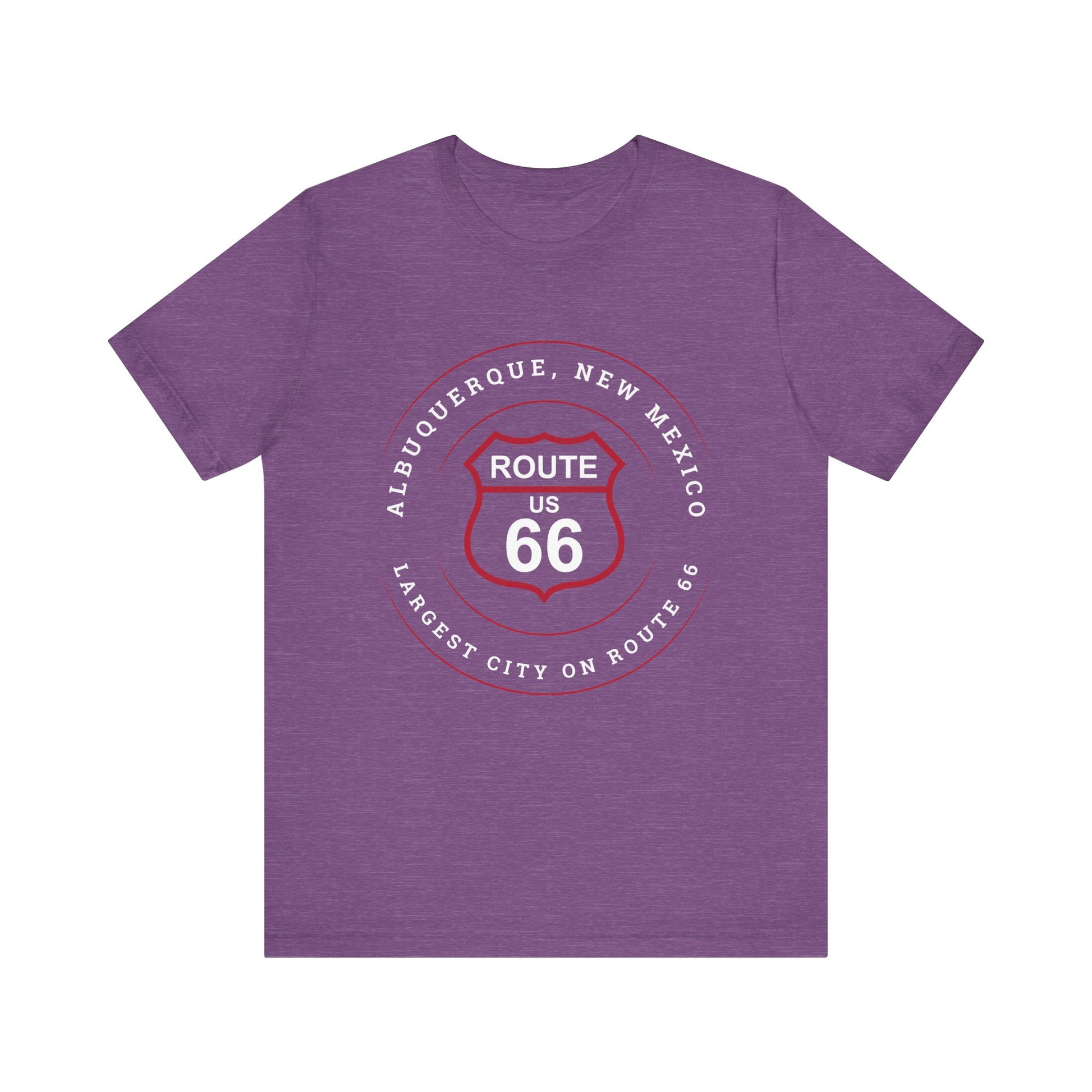 Heather team purple retro Route 66 unisex jersey tee with Albuquerque, NM: Largest City on Route 66 graphic
