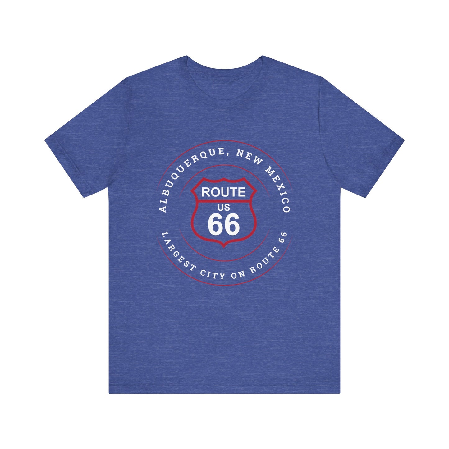 Heather true royal retro Route 66 unisex jersey tee with Albuquerque, NM: Largest City on Route 66 graphic