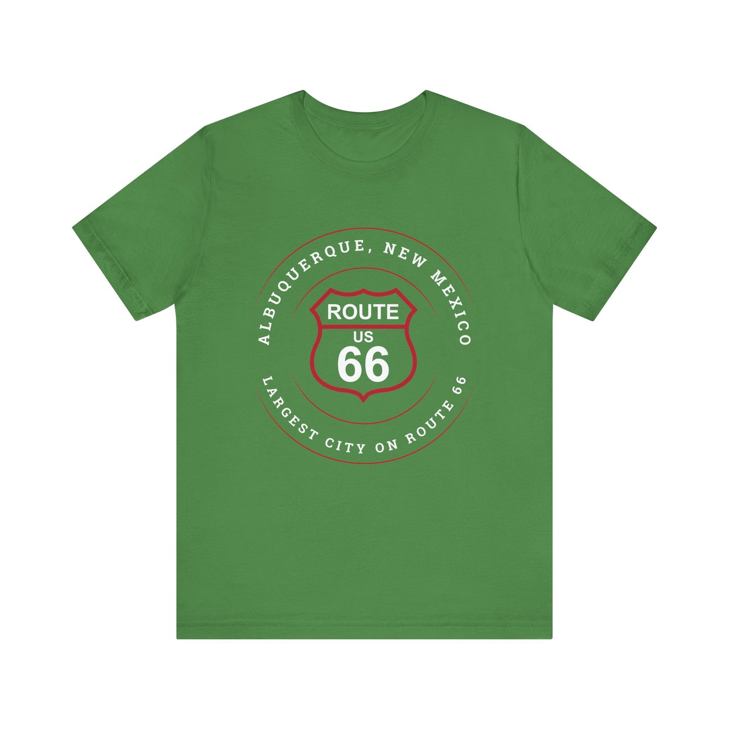 Leaf retro Route 66 unisex jersey tee with Albuquerque, NM: Largest City on Route 66 graphic